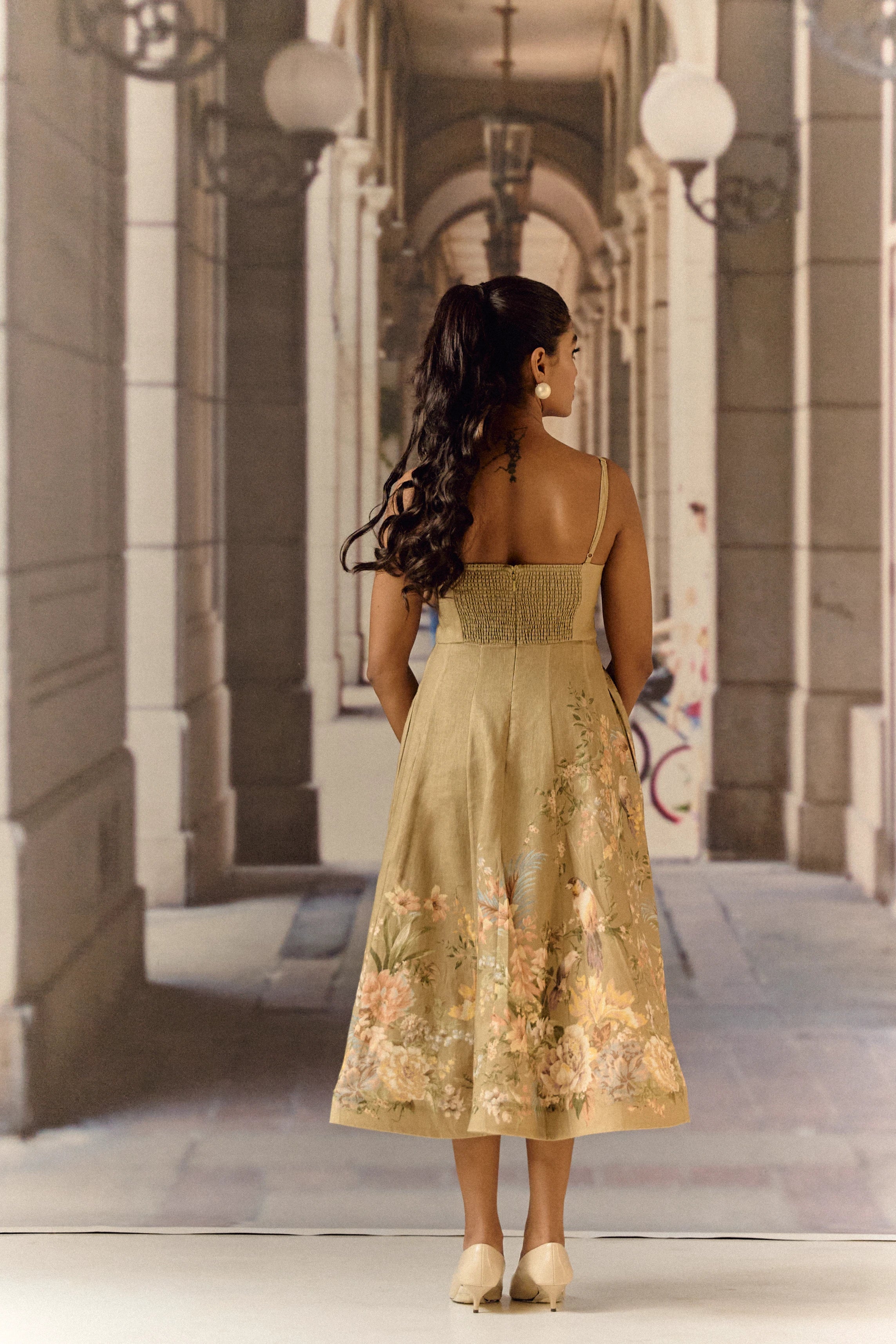 Olive linen forest printed Midi dress