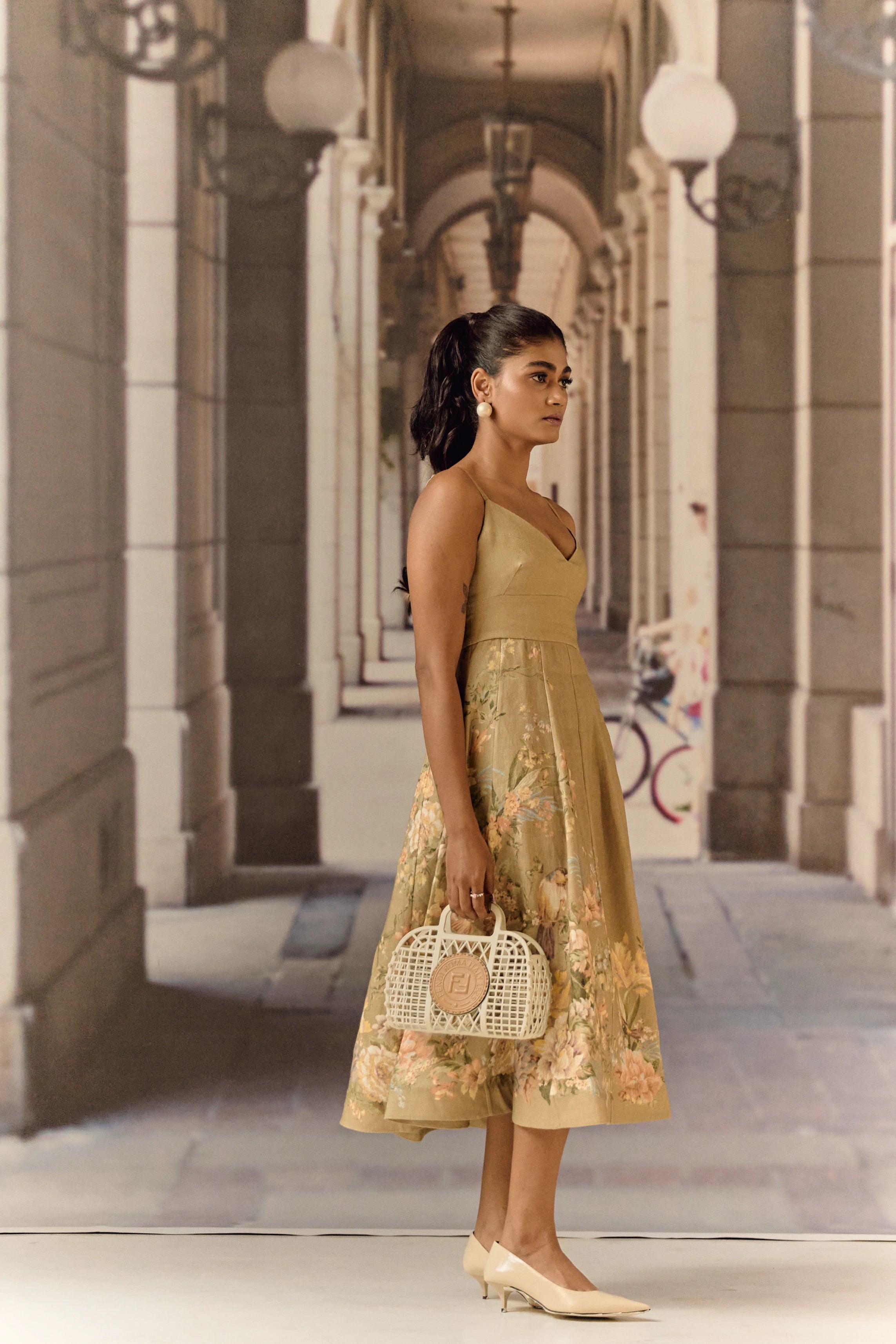 Olive linen forest printed Midi dress