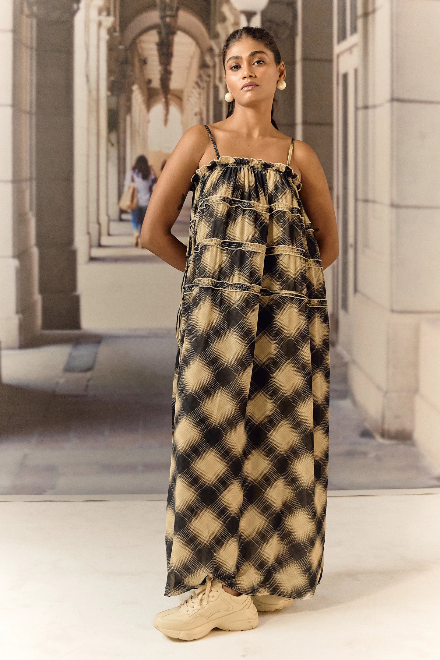 Georgette checkered slip dress - Black