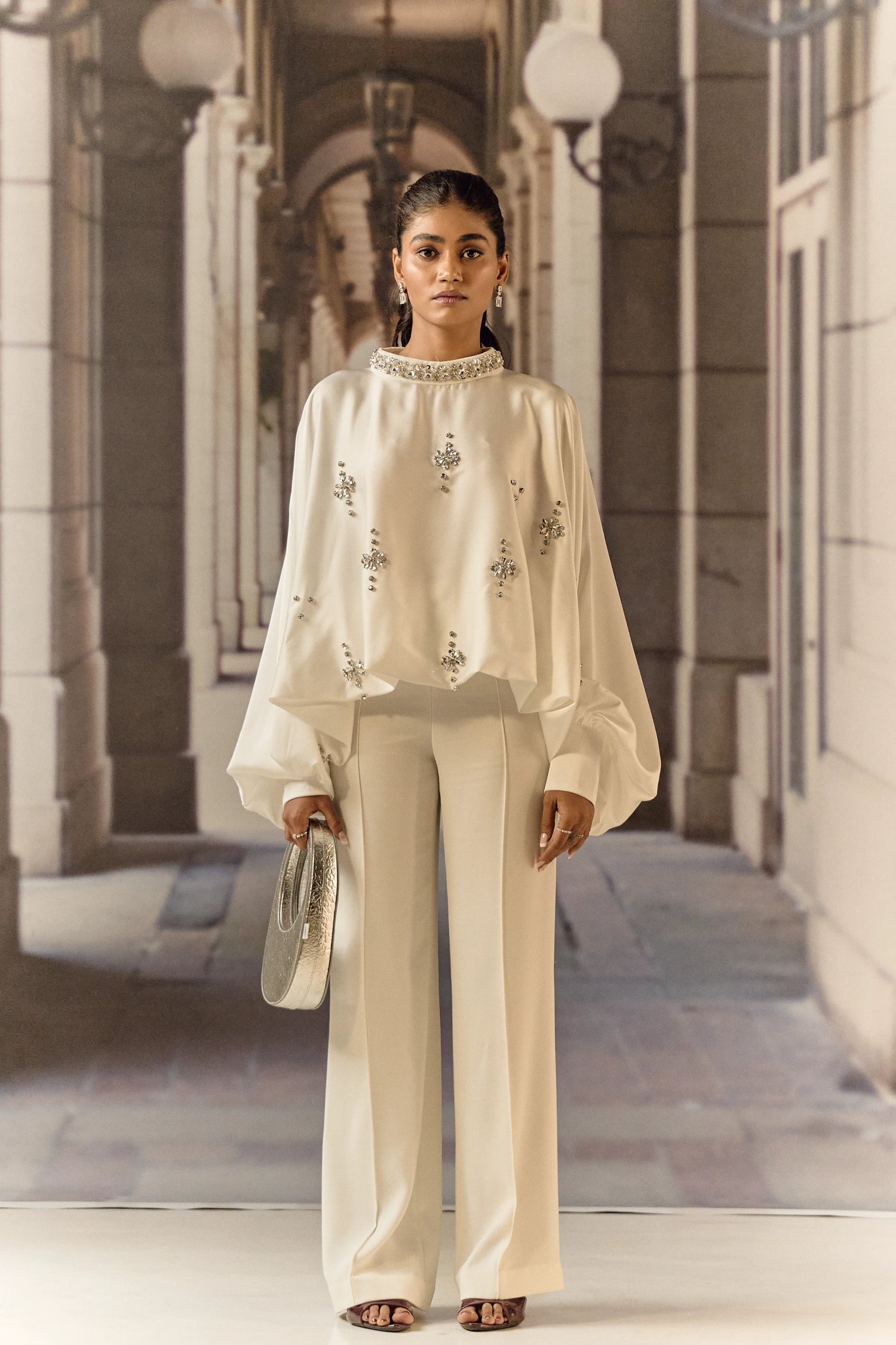Silk satin balloon crystal kaftan top - White