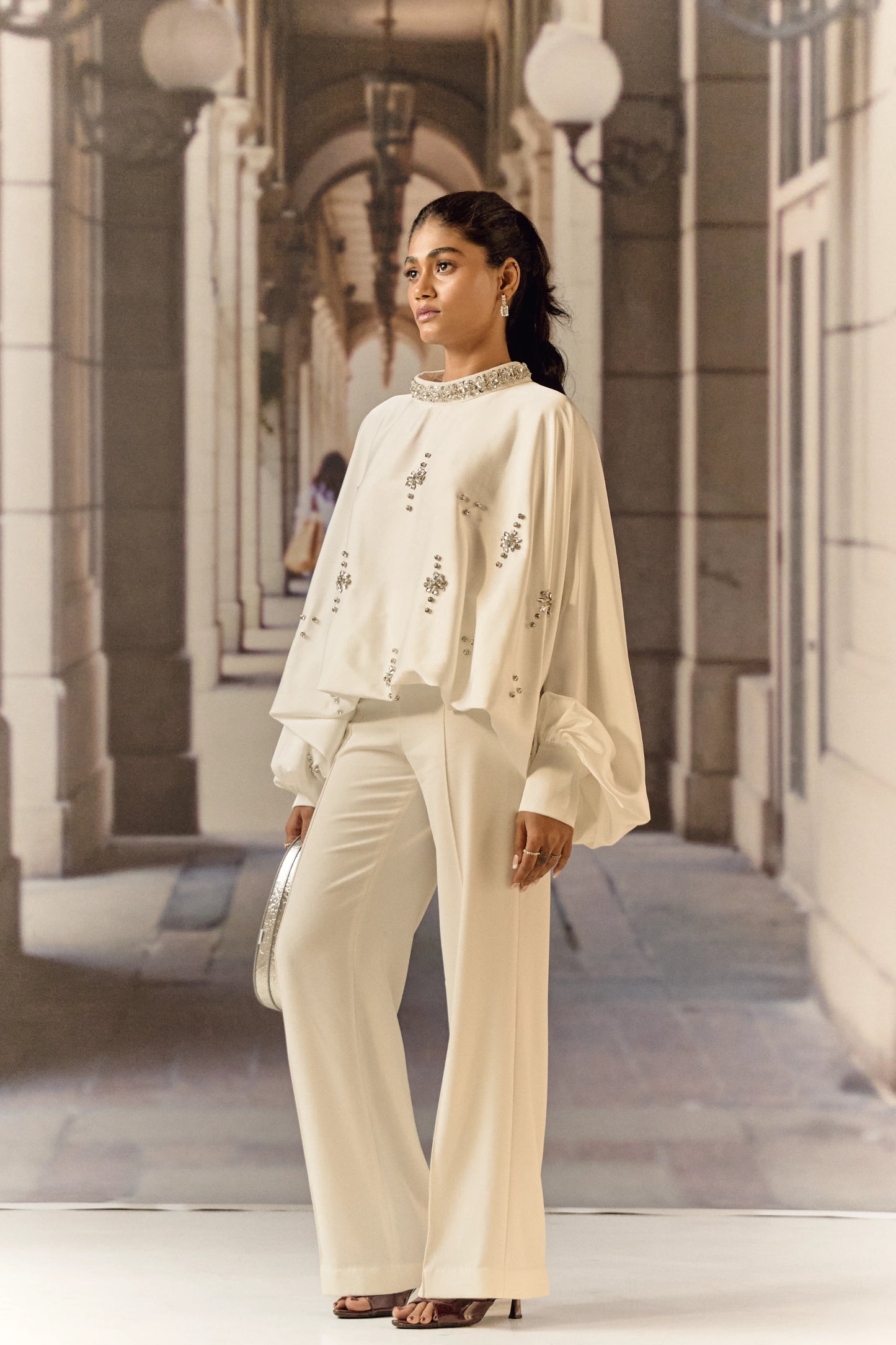 Silk satin balloon crystal kaftan top - White