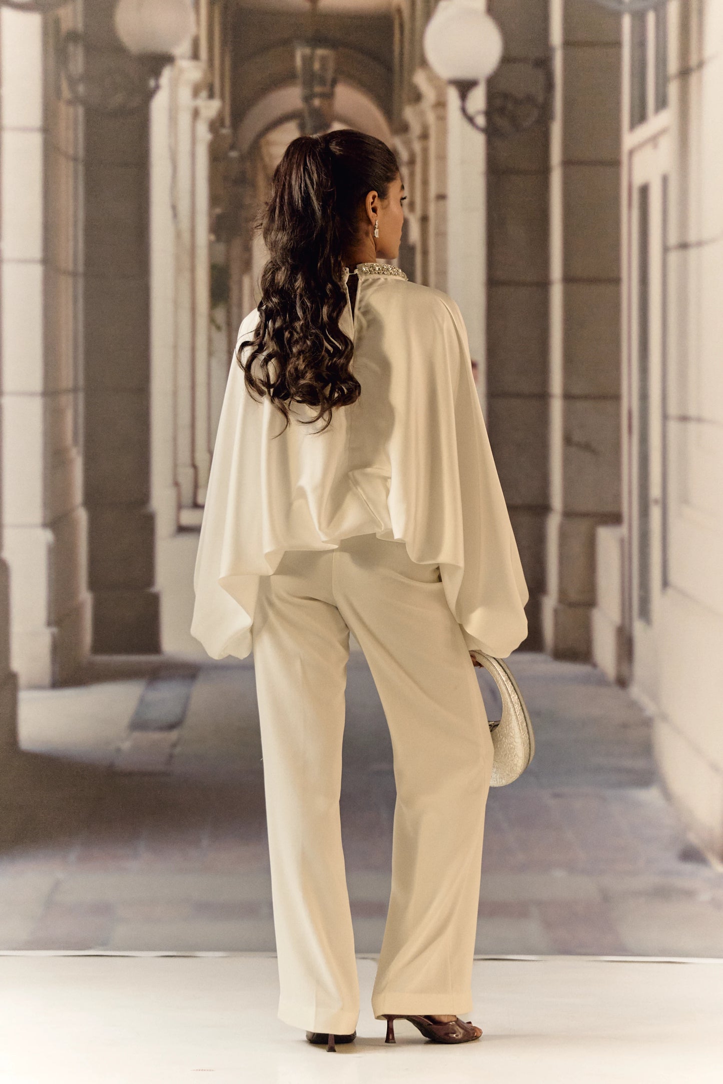 Silk satin balloon crystal kaftan top - White