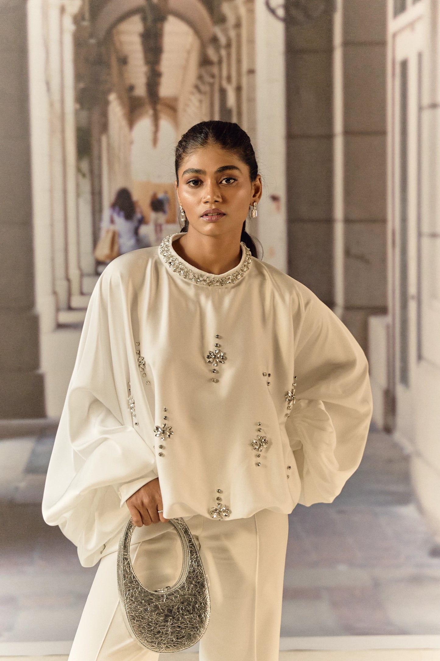Silk satin balloon crystal kaftan top - White