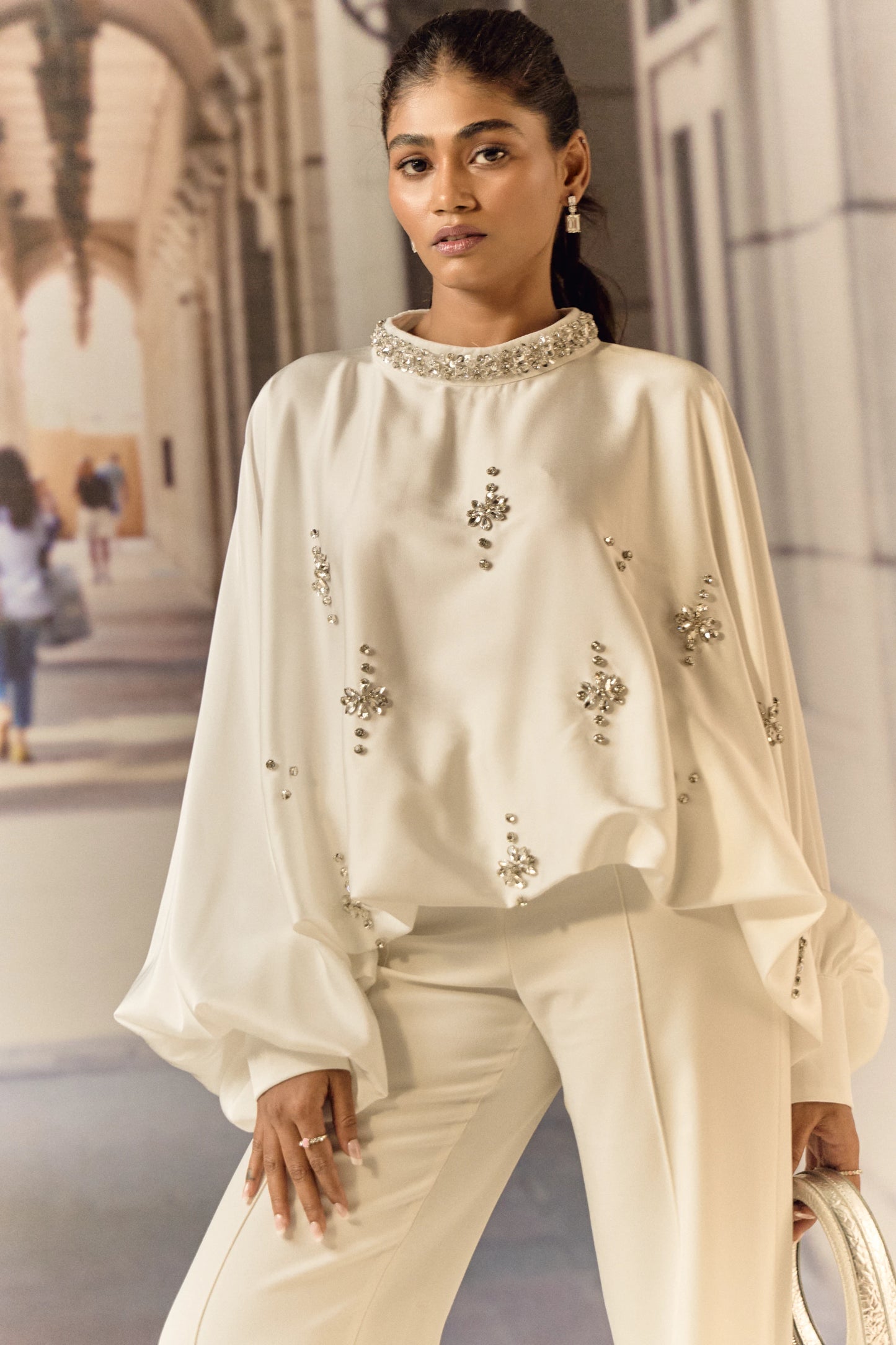 Silk satin balloon crystal kaftan top - White