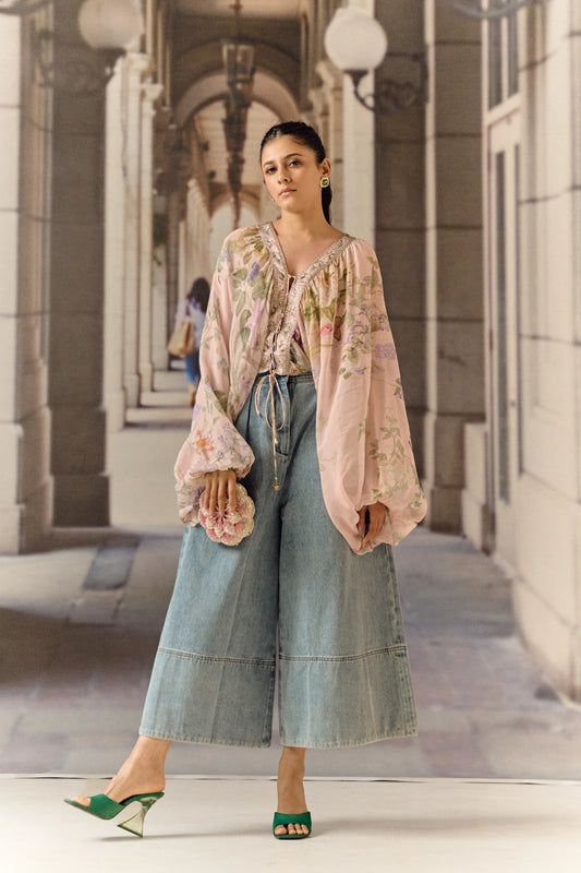 Digital print silk georgette blouson blush top