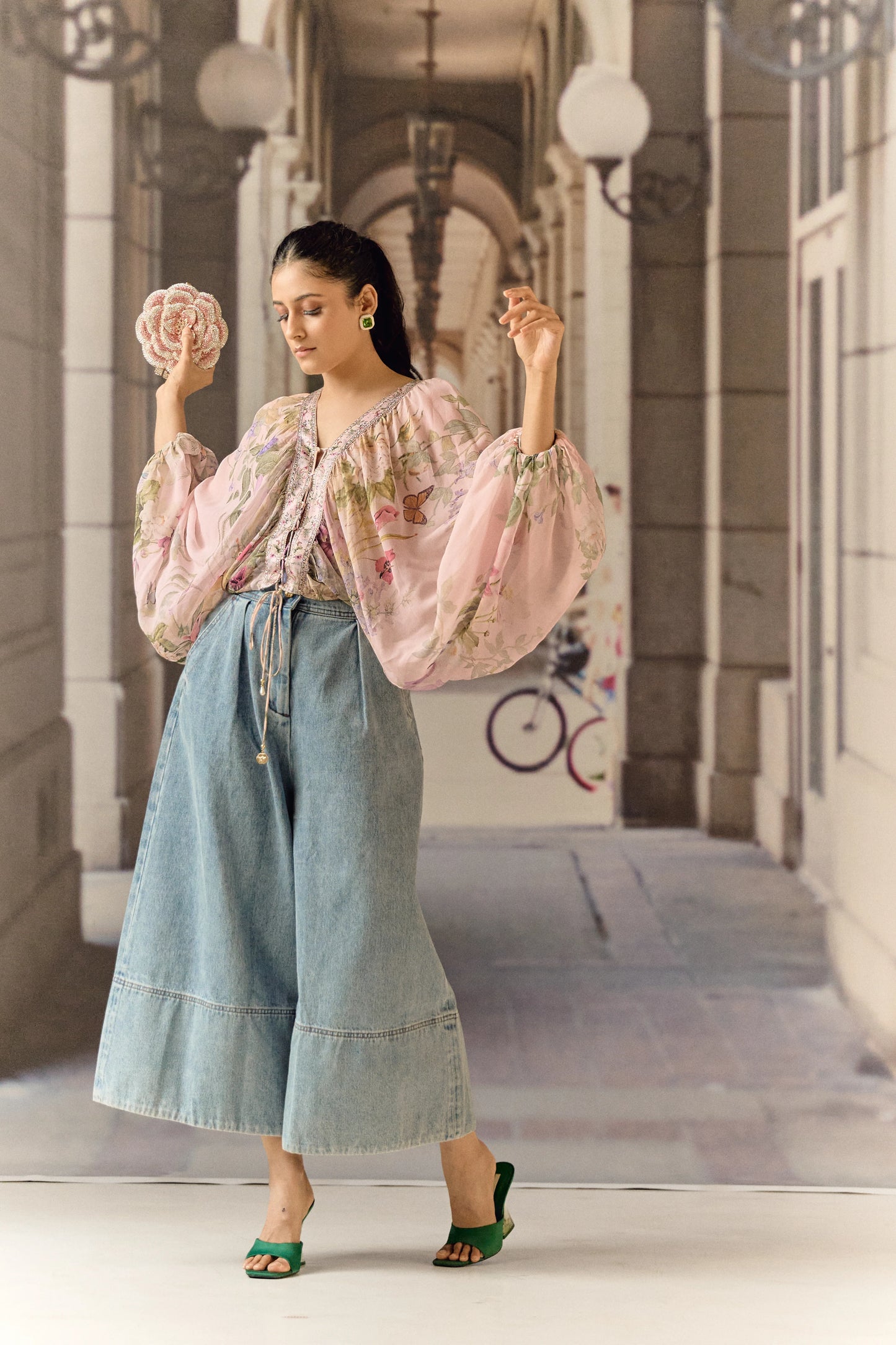 Digital print silk georgette blouson blush top