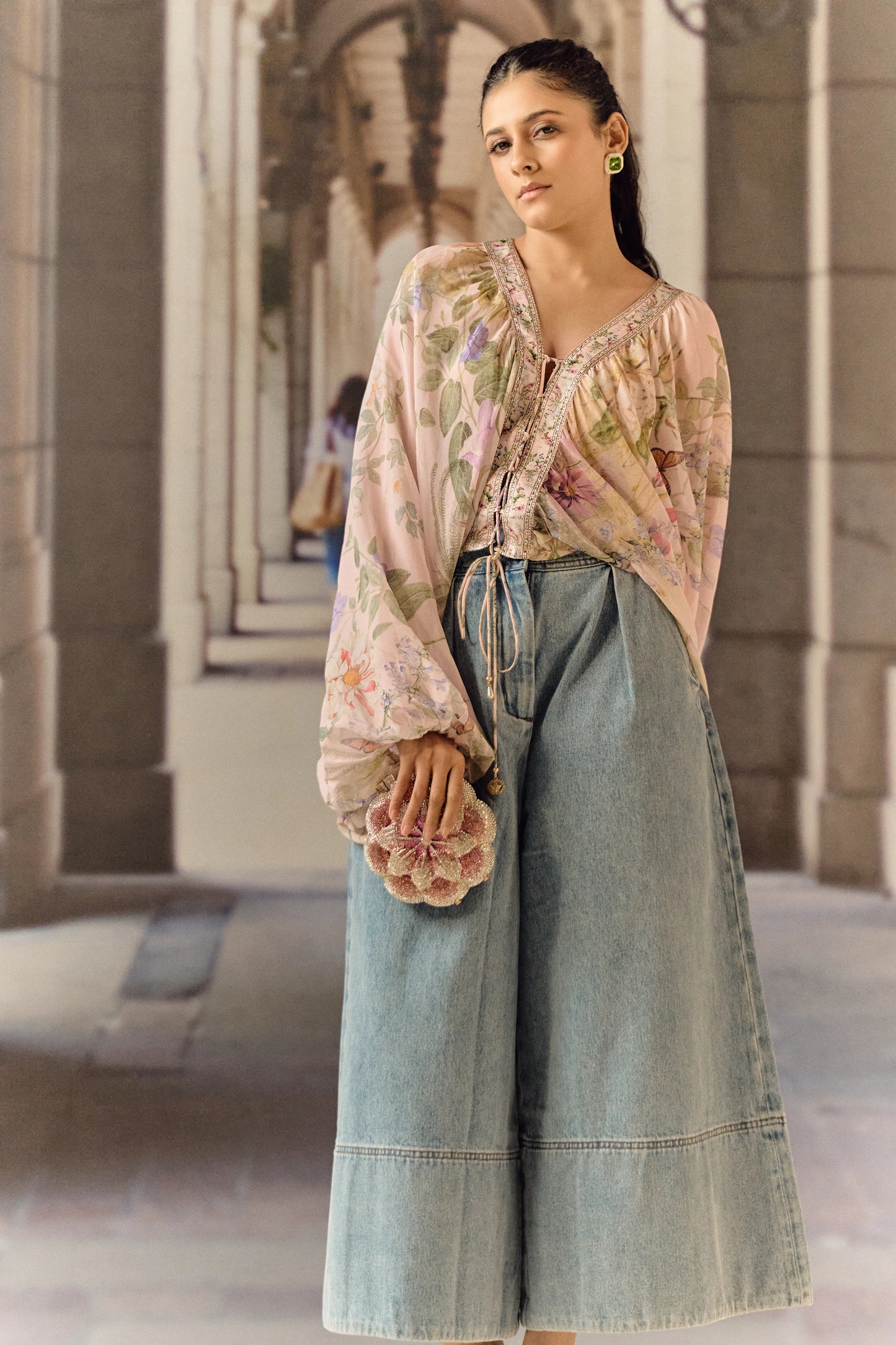 Digital print silk georgette blouson blush top