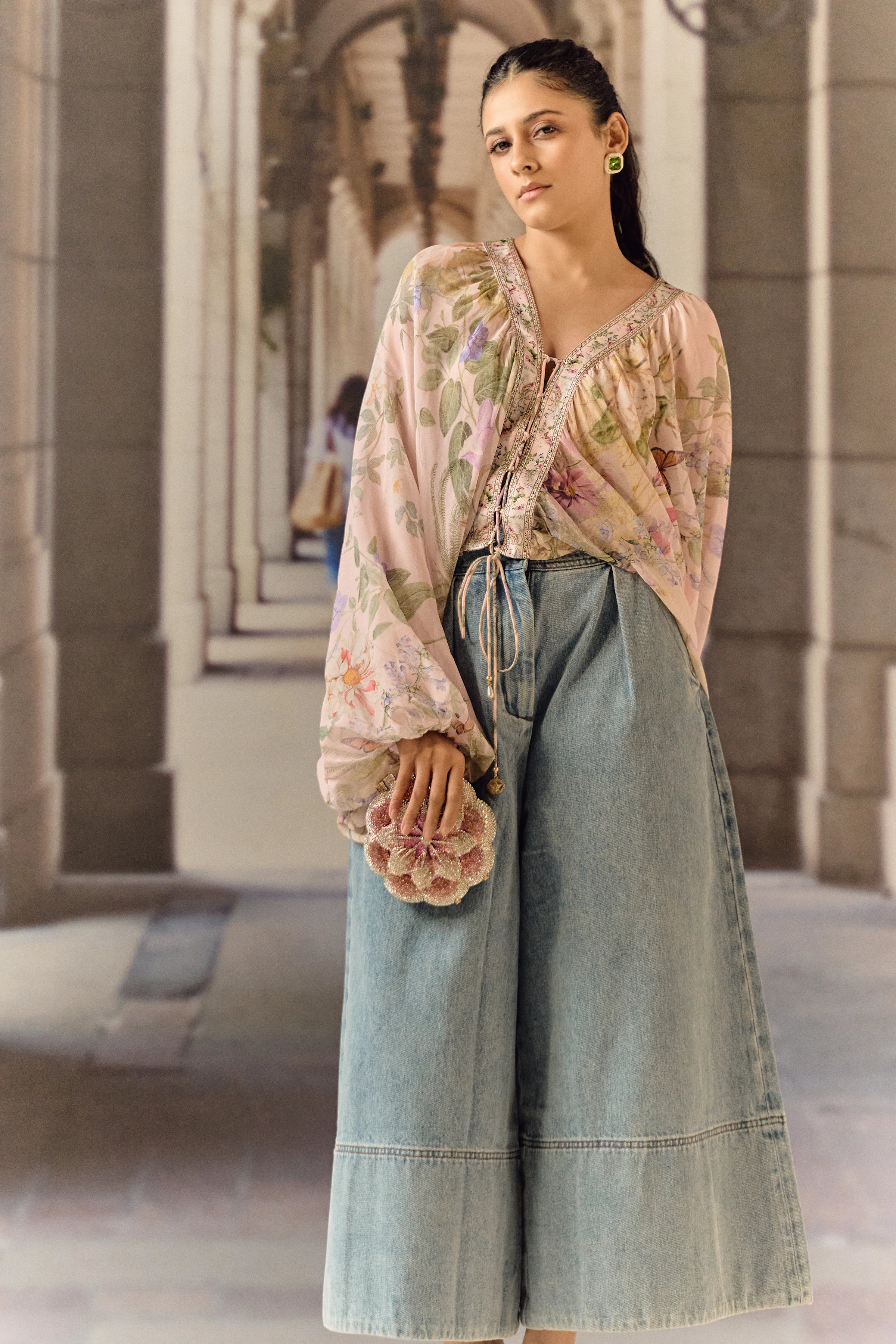 Digital print silk georgette blouson blush top