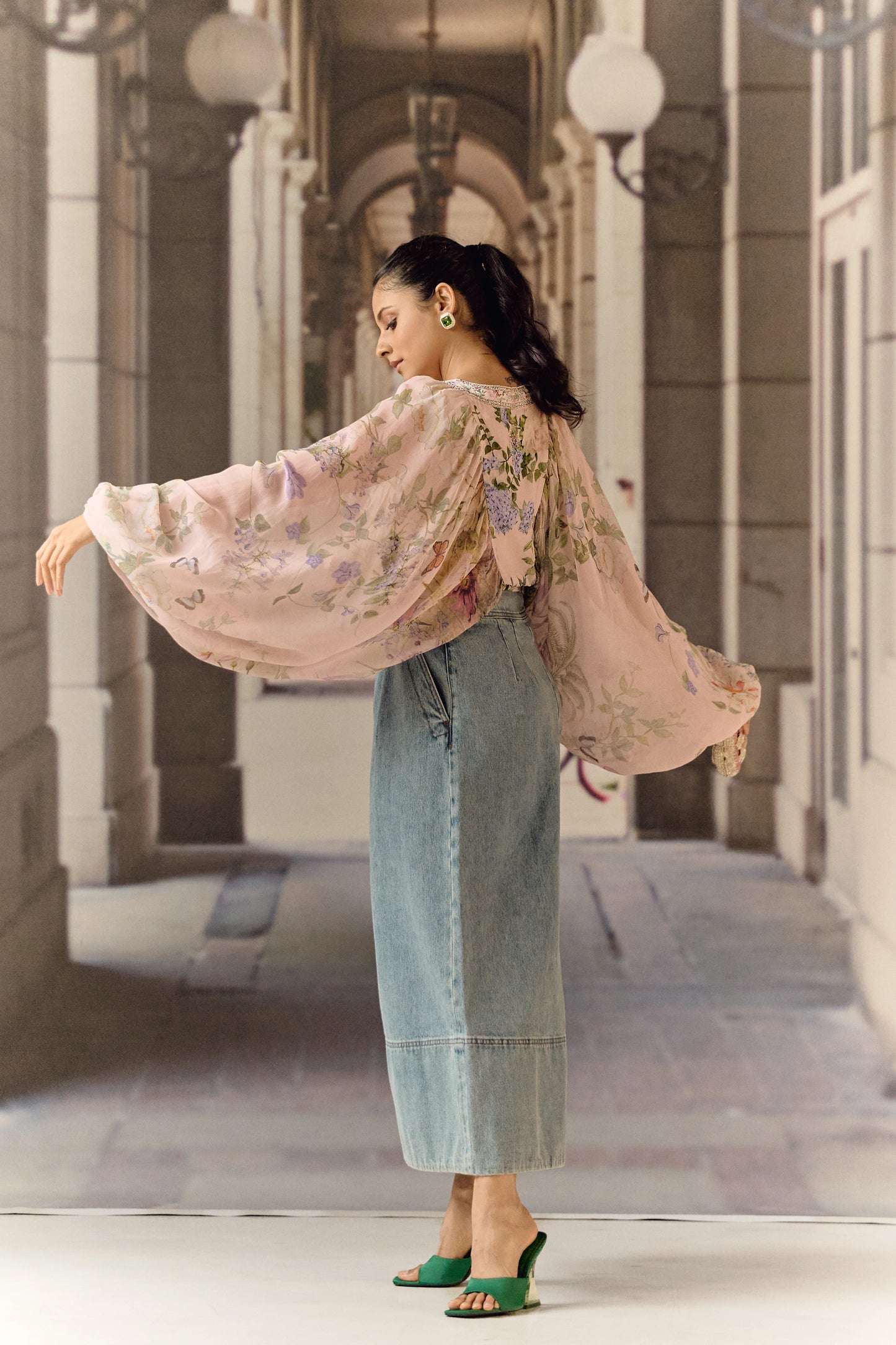 Digital print silk georgette blouson blush top
