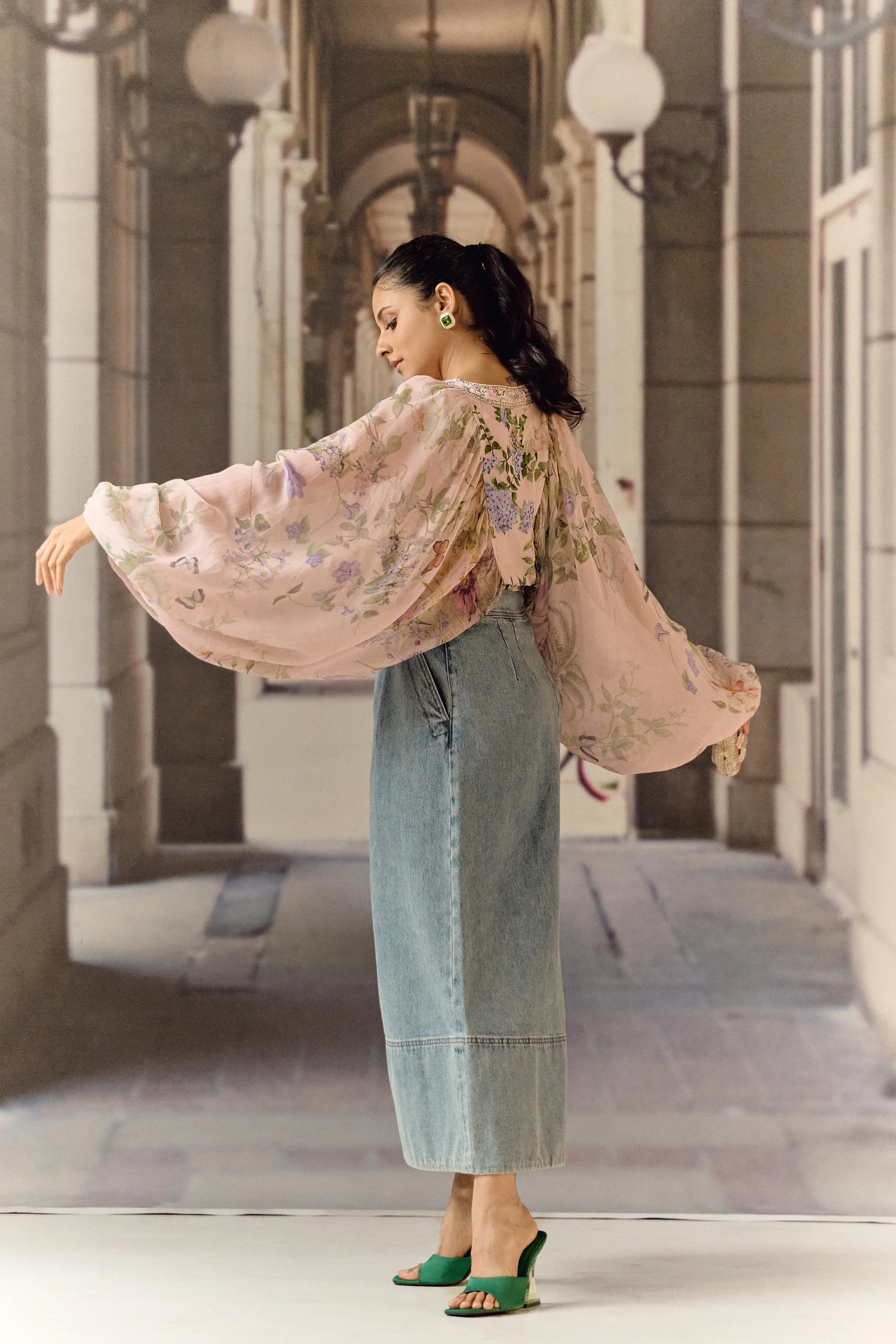 Digital print silk georgette blouson blush top