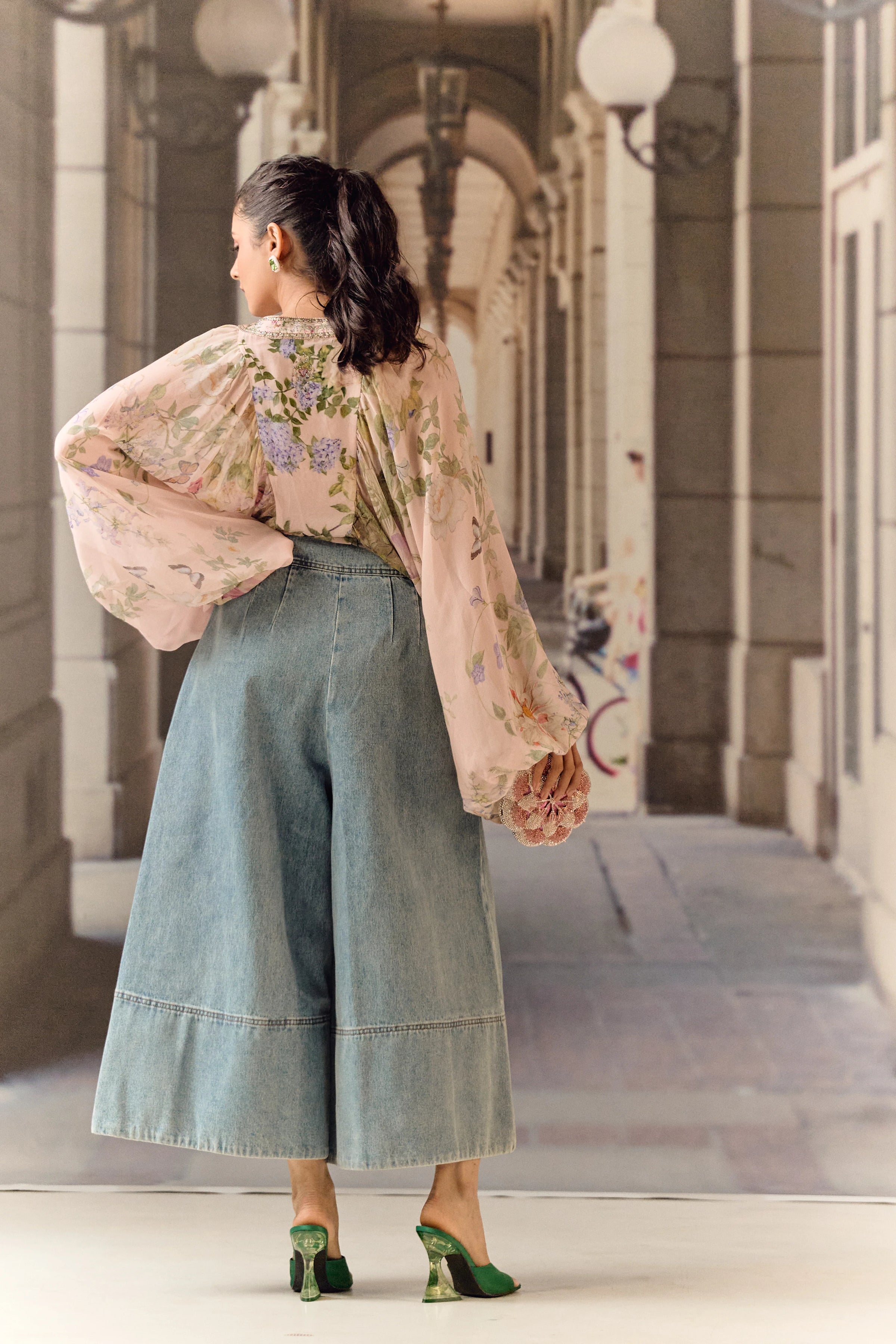 Digital print silk georgette blouson blush top