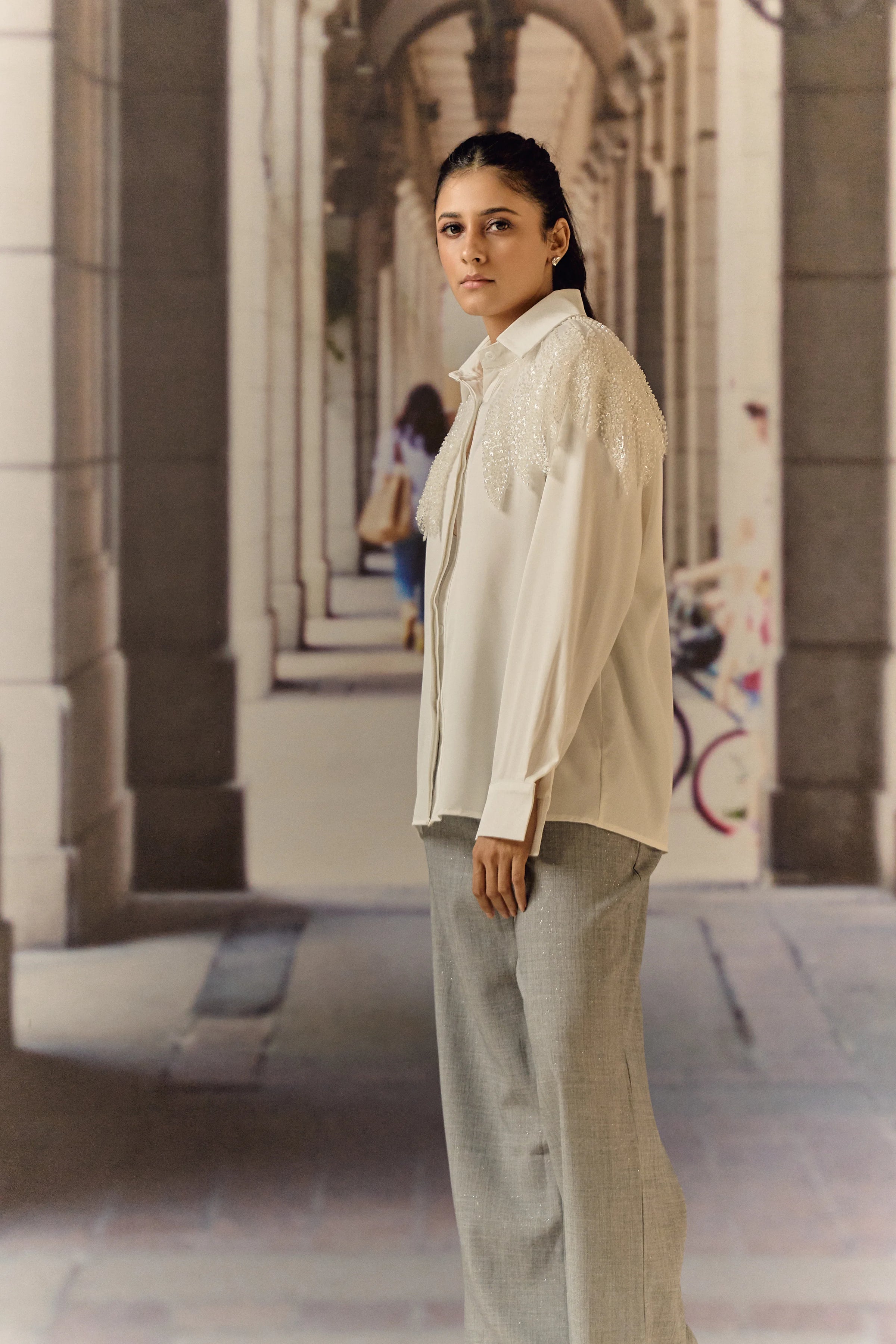 Formal evening shirt with bugle bead work bib - Ivory