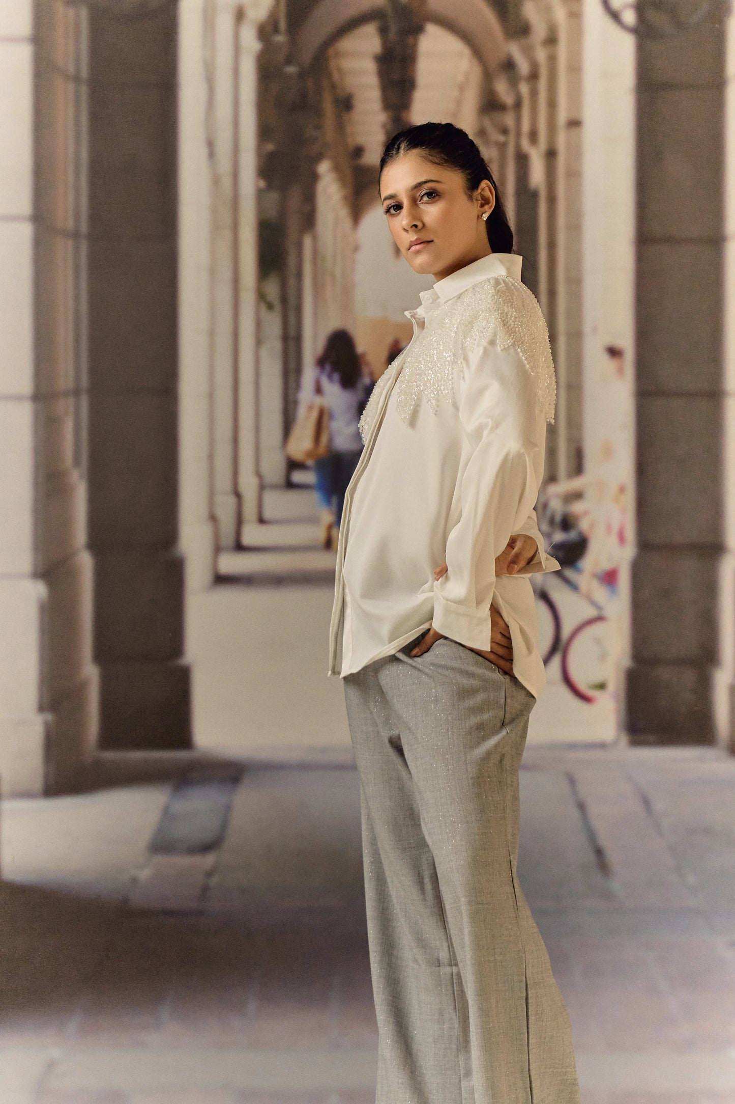 Formal evening shirt with bugle bead work bib - Ivory