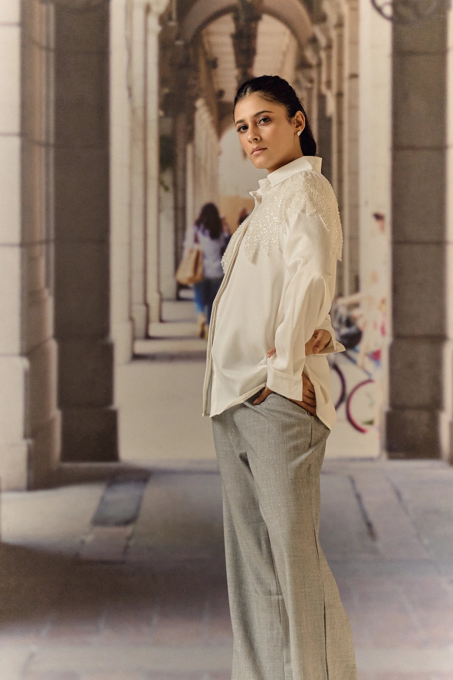 Formal evening shirt with bugle bead work bib - Ivory