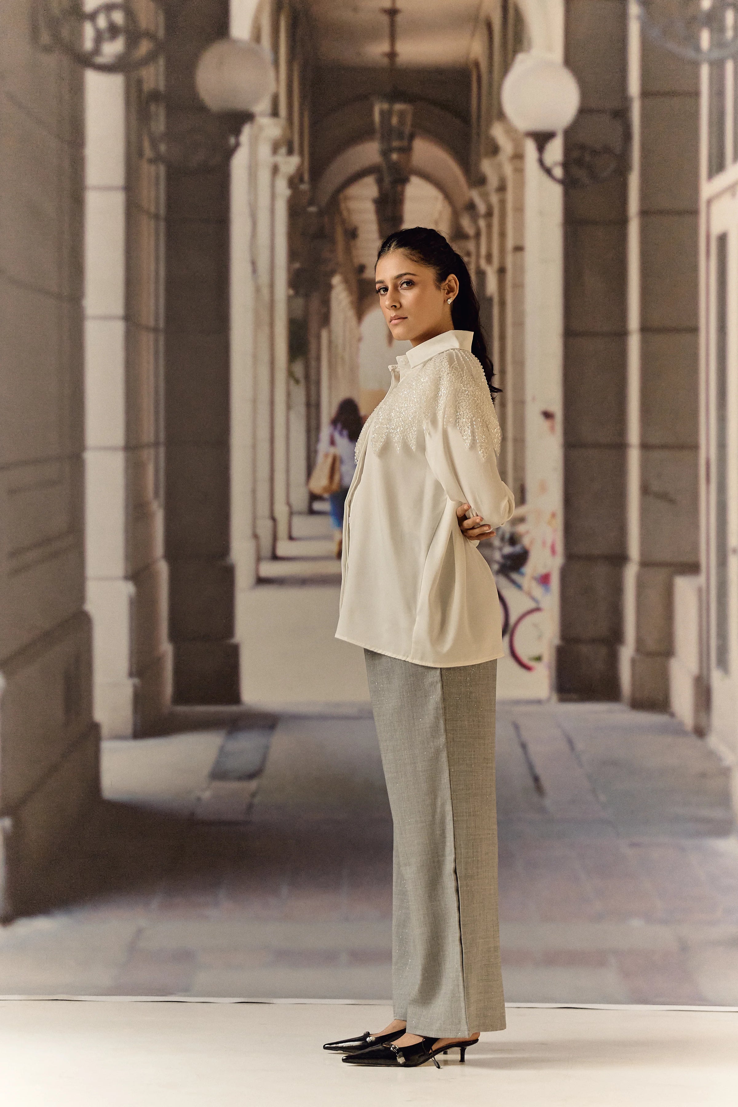 Formal evening shirt with bugle bead work bib - Ivory