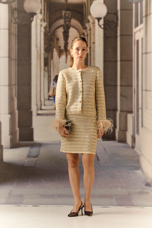 Stripe Knit jacket co ord with crystal and ostrich feather