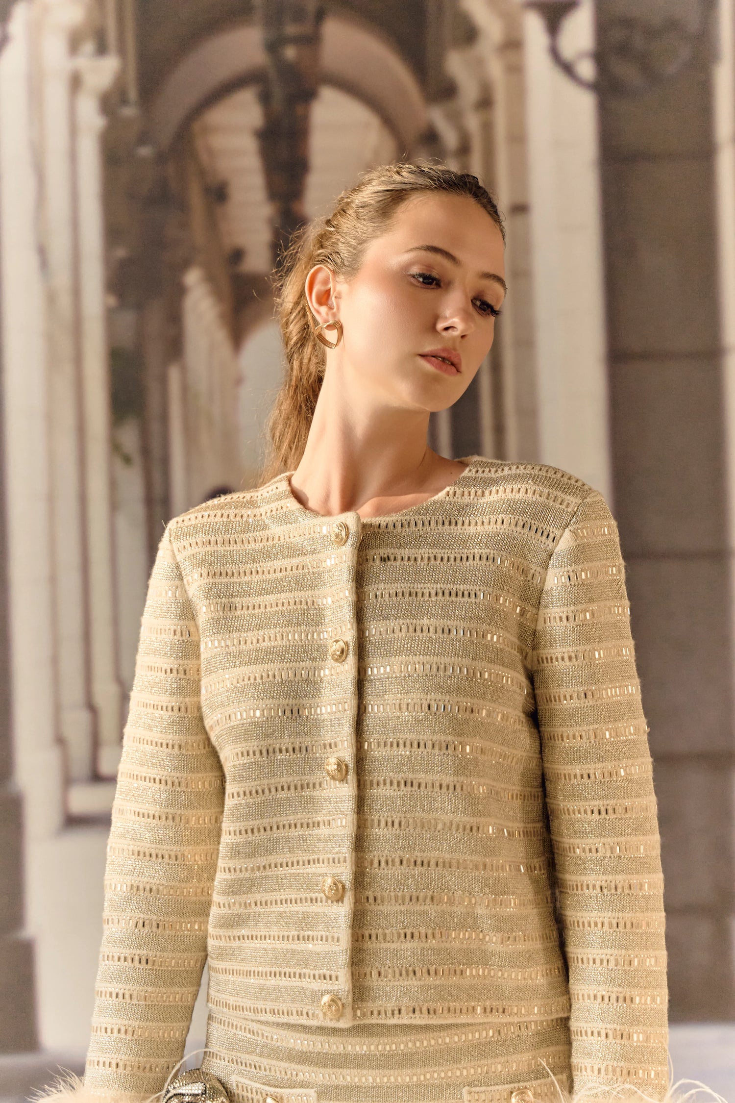 Stripe Knit jacket co ord with crystal and ostrich feather - Gold