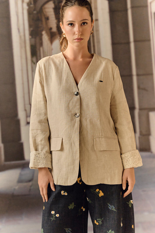 Beige Linen Blazer with Lace Trim