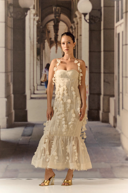 Ecru corset Silk Linen midi with 3D work