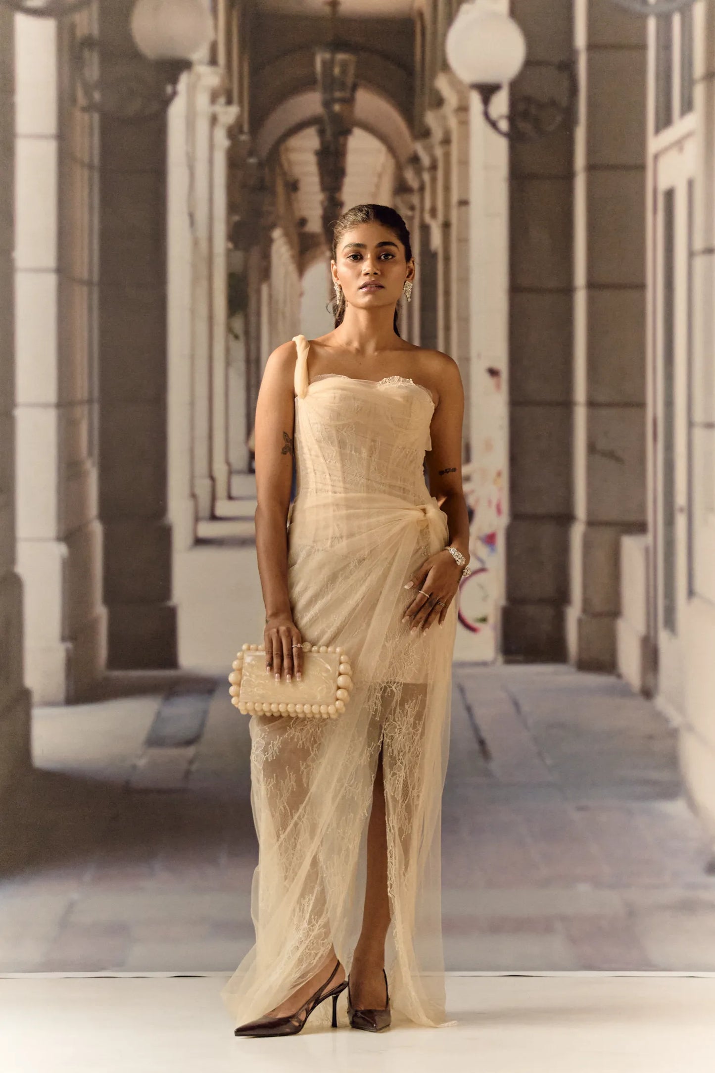 One shoulder corset netted dress with lace - Apricot