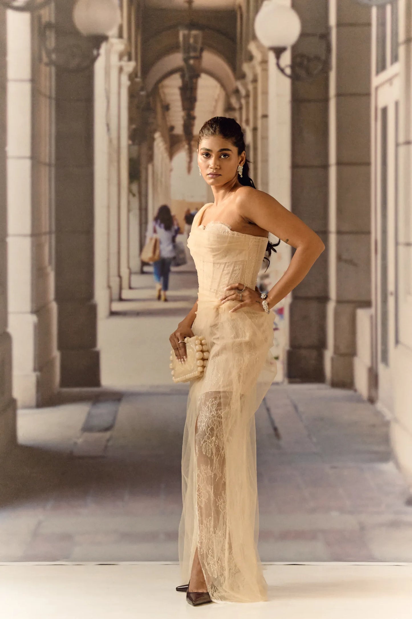 One shoulder corset netted dress with lace - Apricot