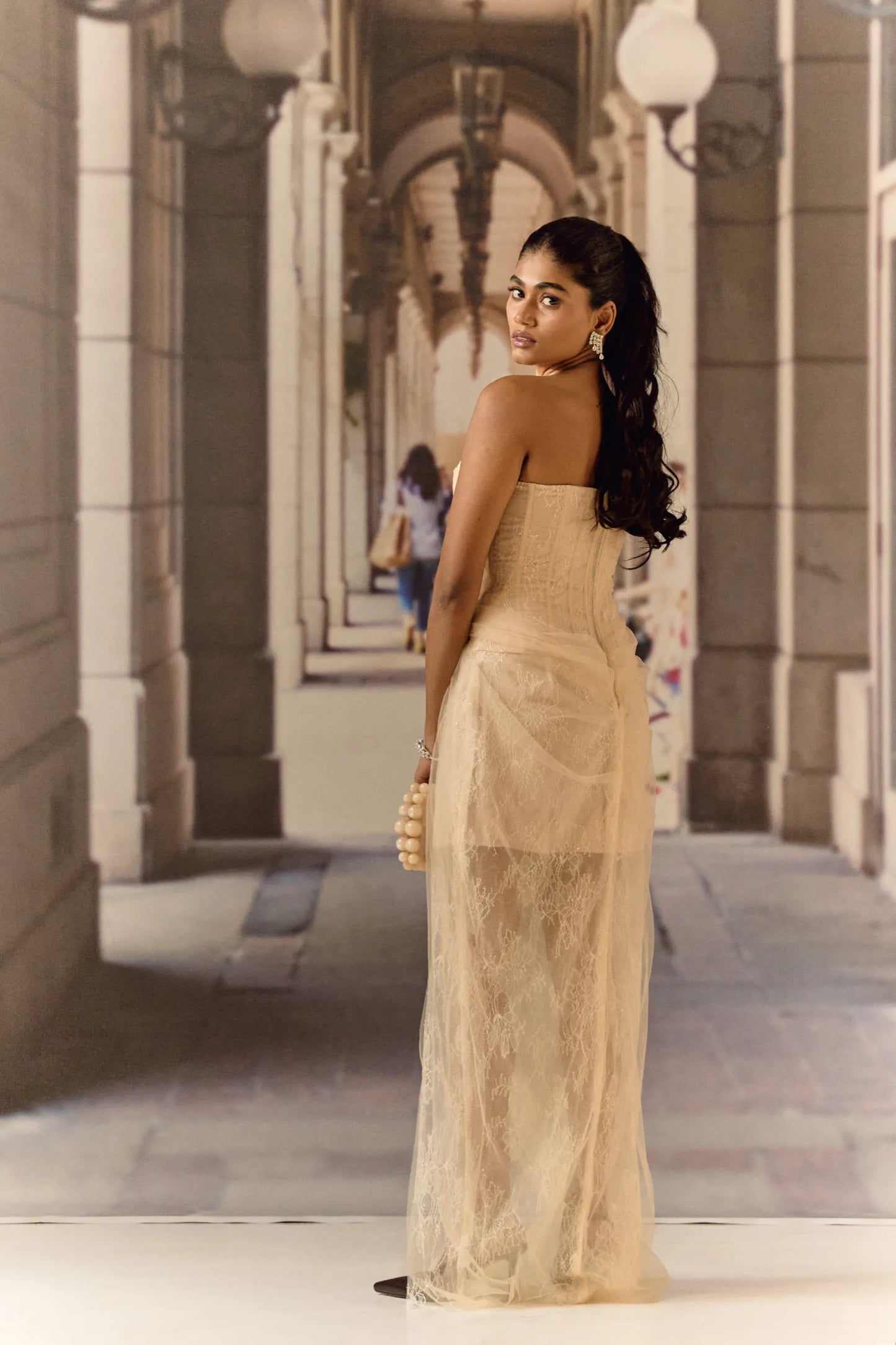 One shoulder corset netted dress with lace - Apricot