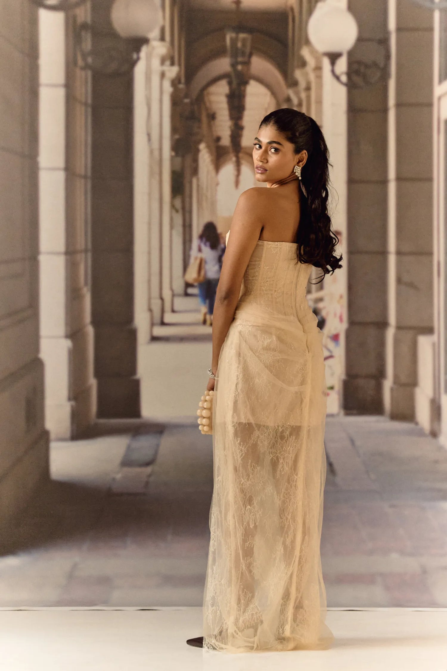 One shoulder corset netted dress with lace - Apricot