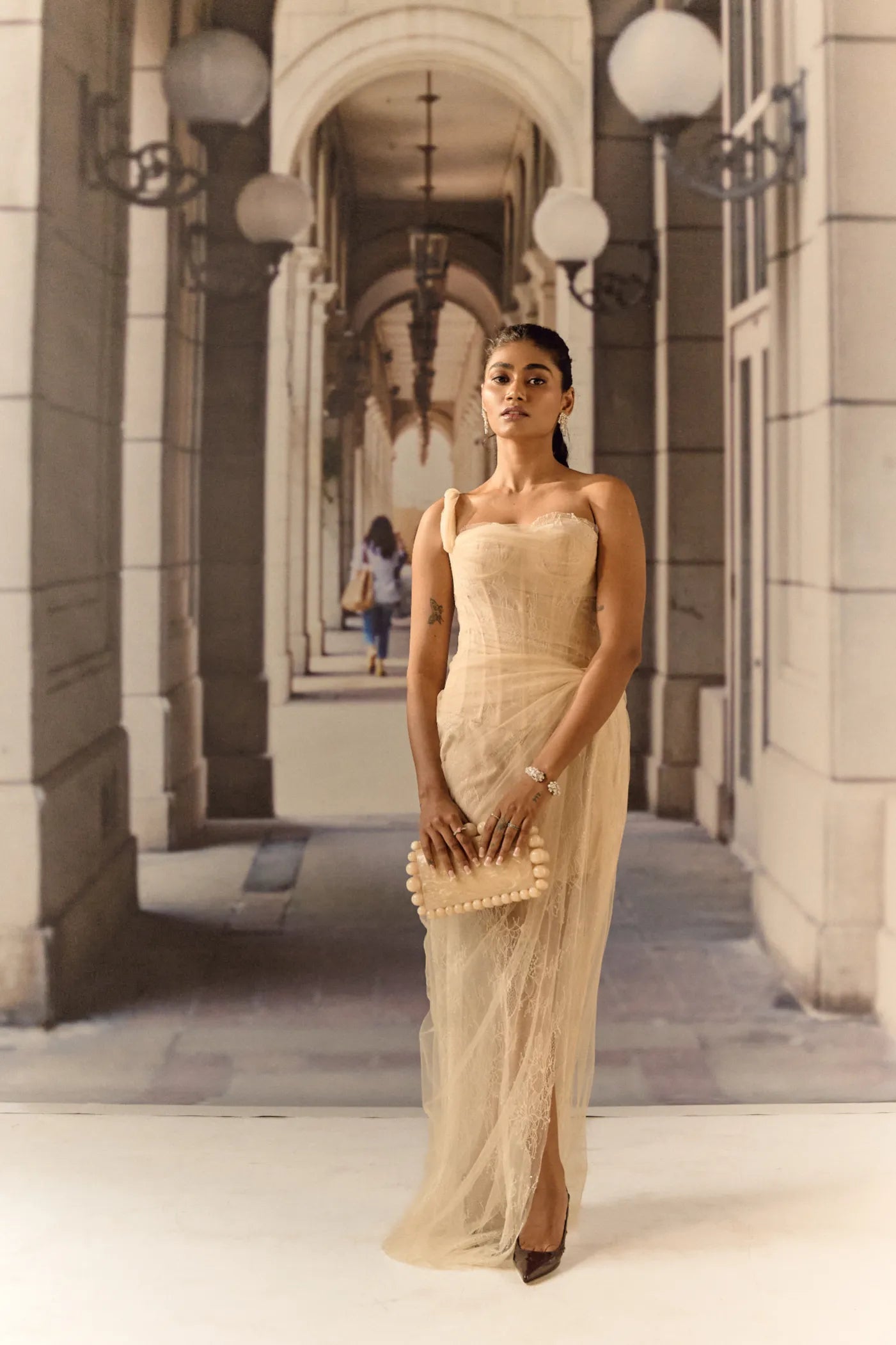 One shoulder corset netted dress with lace - Apricot