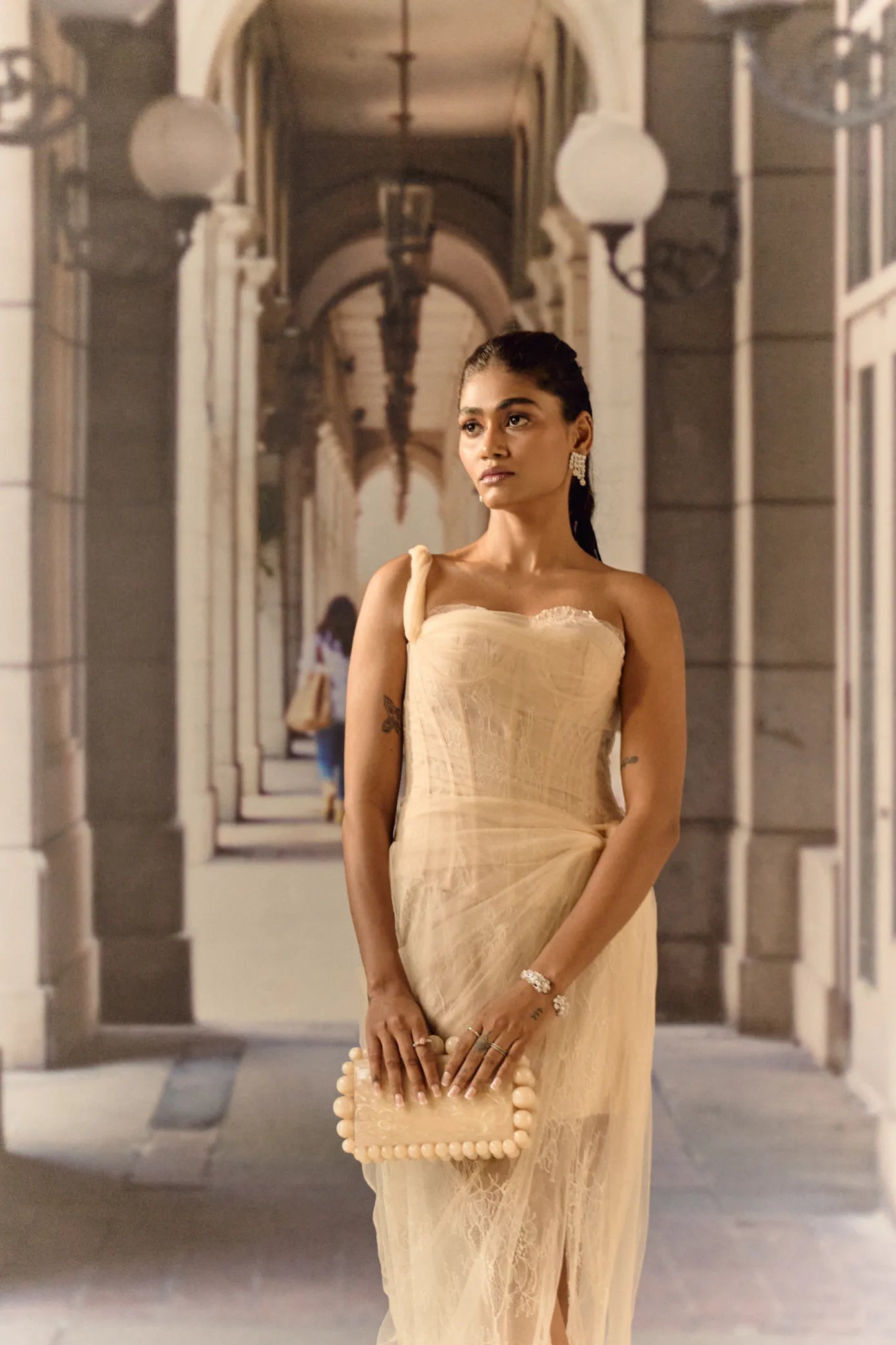 One shoulder corset netted dress with lace - Apricot