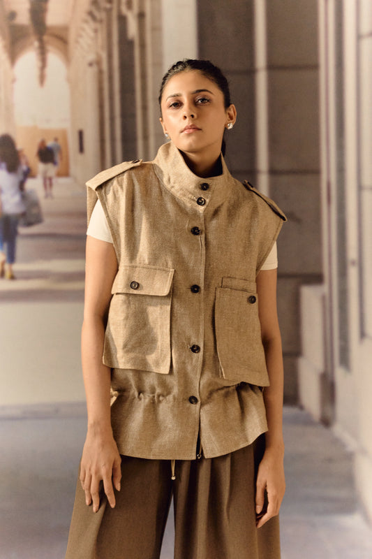 Twill linen oversized vest