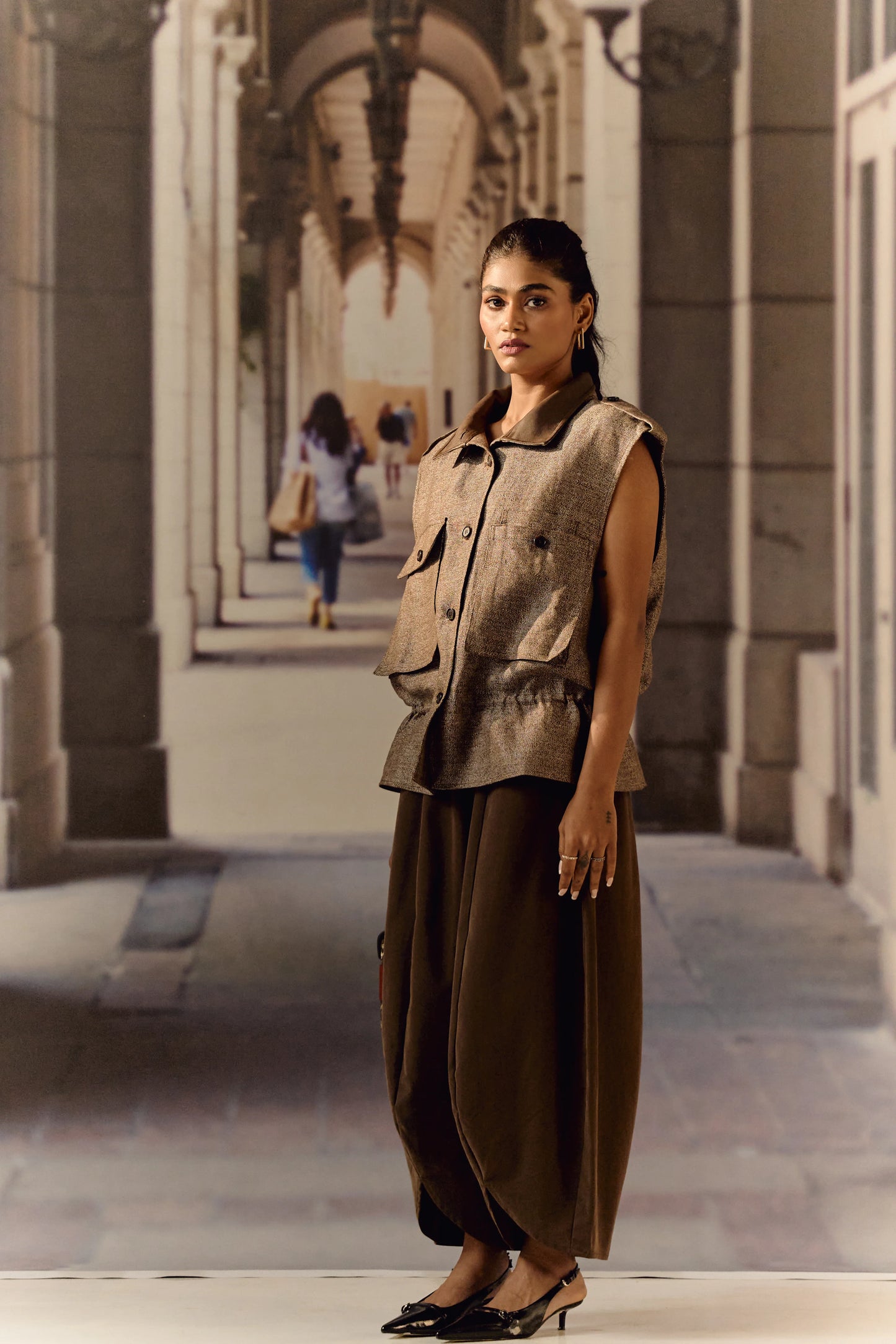 Twill linen oversized vest - Coffee
