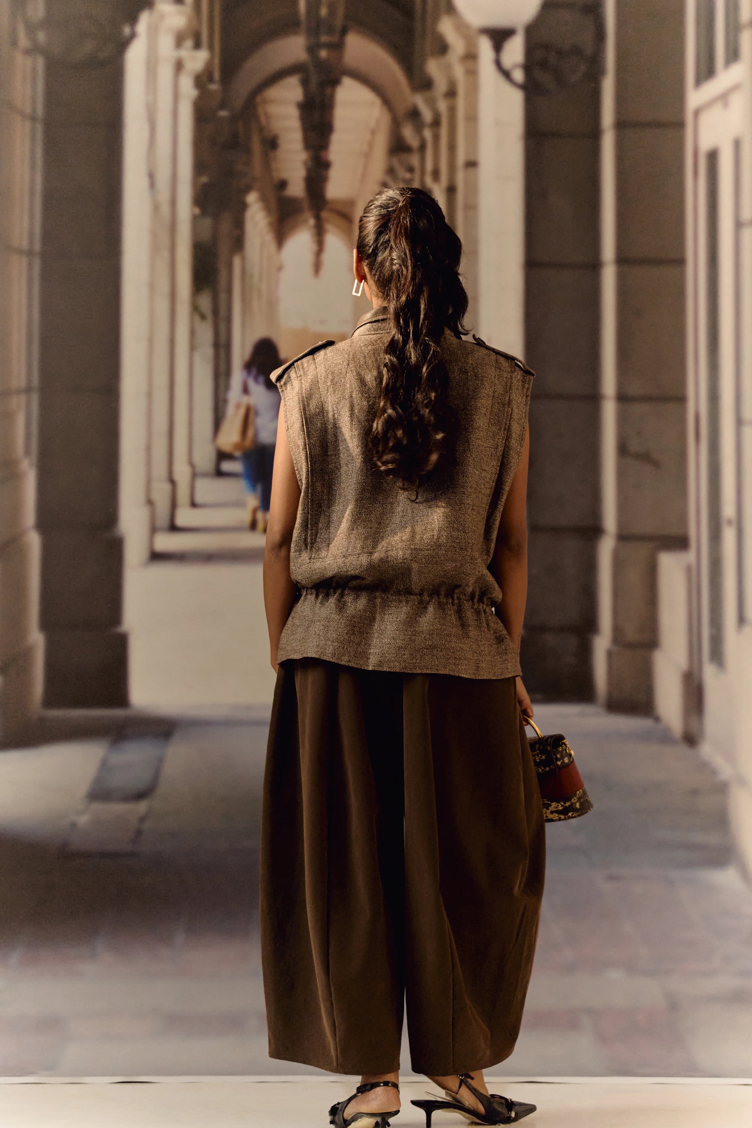 Twill linen oversized vest - Coffee