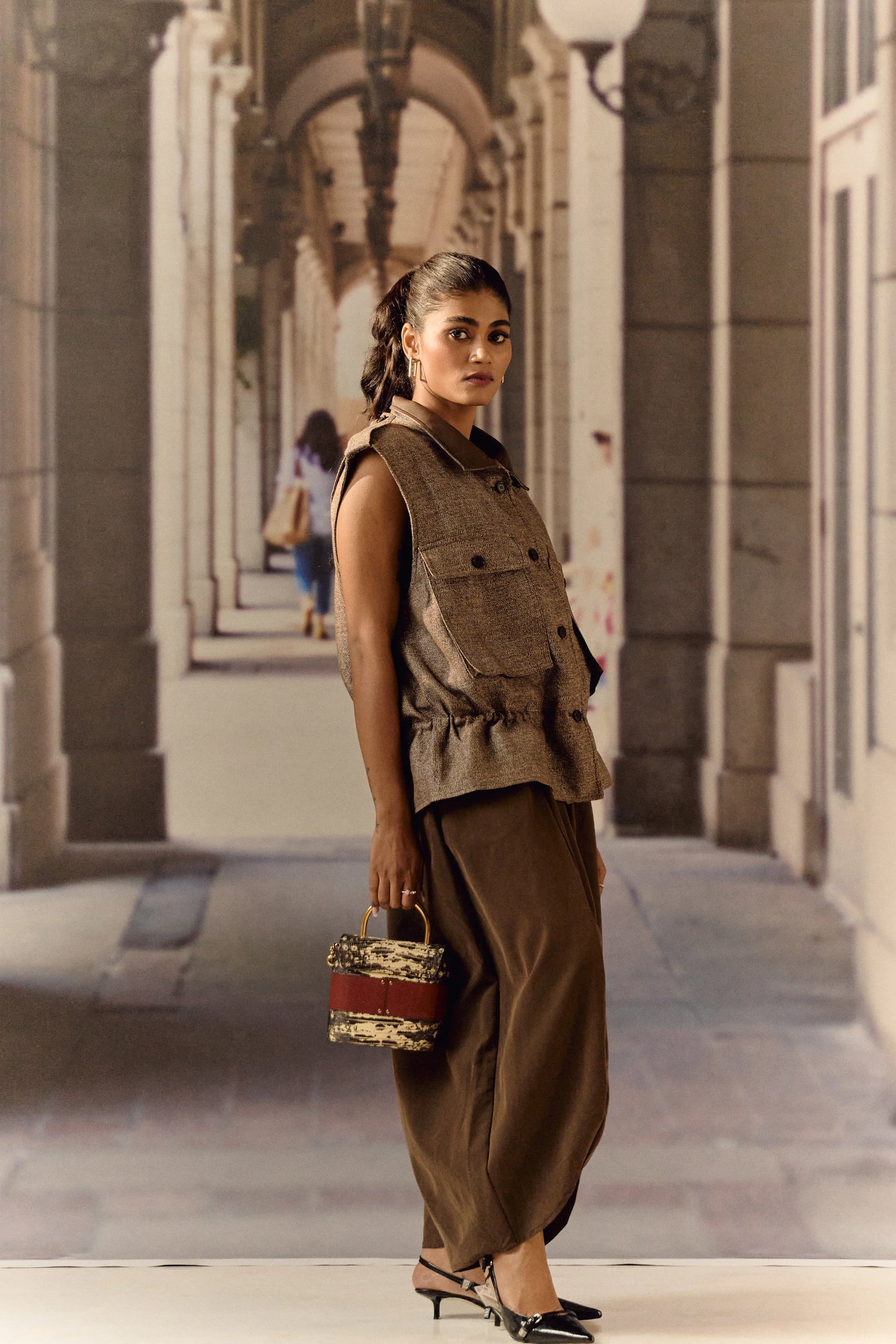 Twill linen oversized vest - Coffee