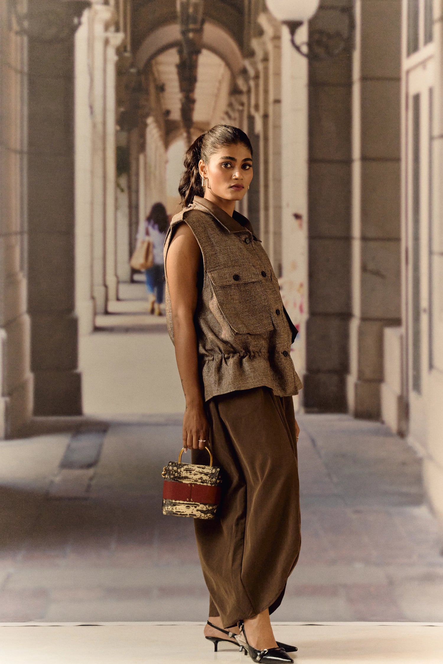 Twill linen oversized vest - Coffee