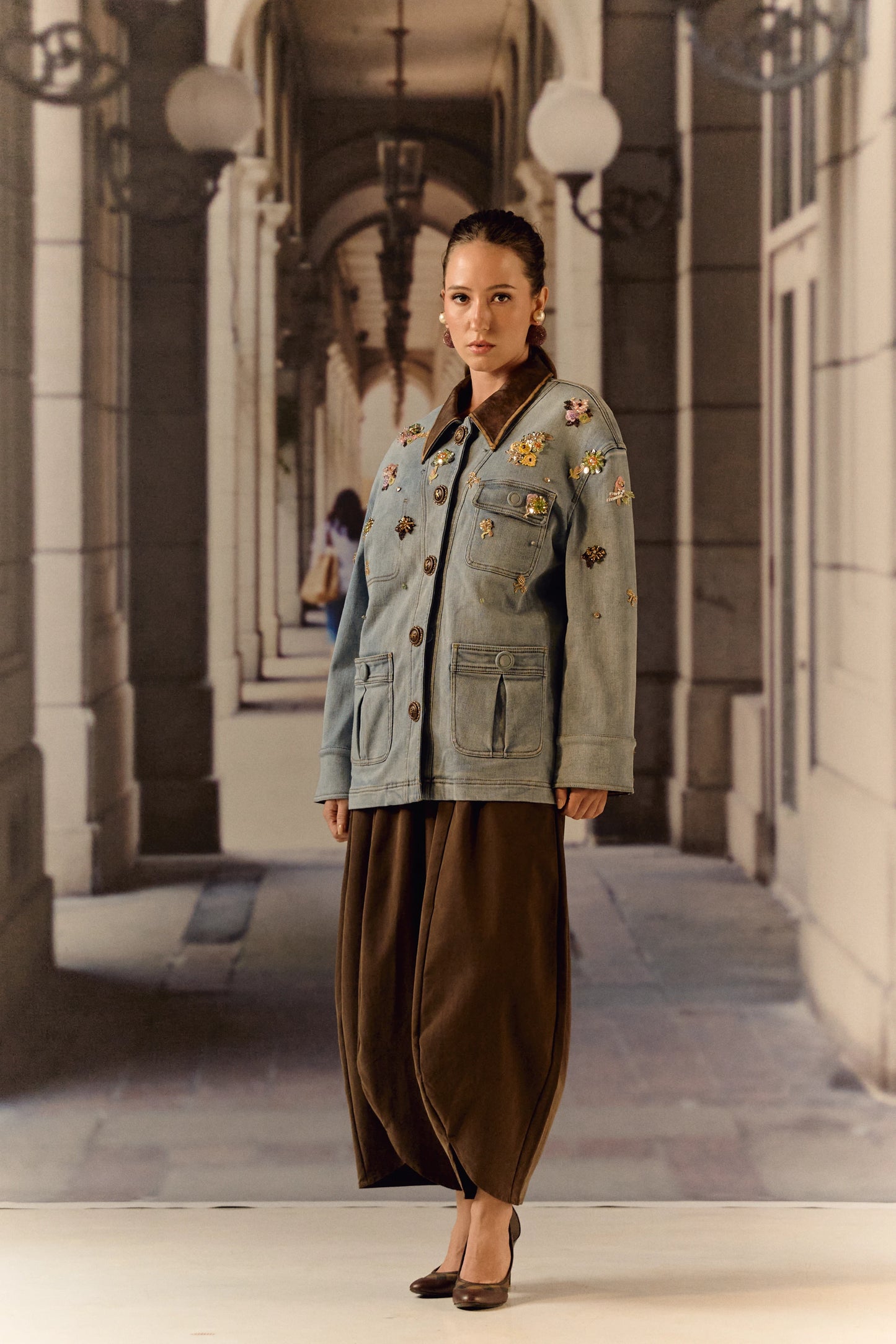 Detatchable puffer long denim leather jacket with bauble work