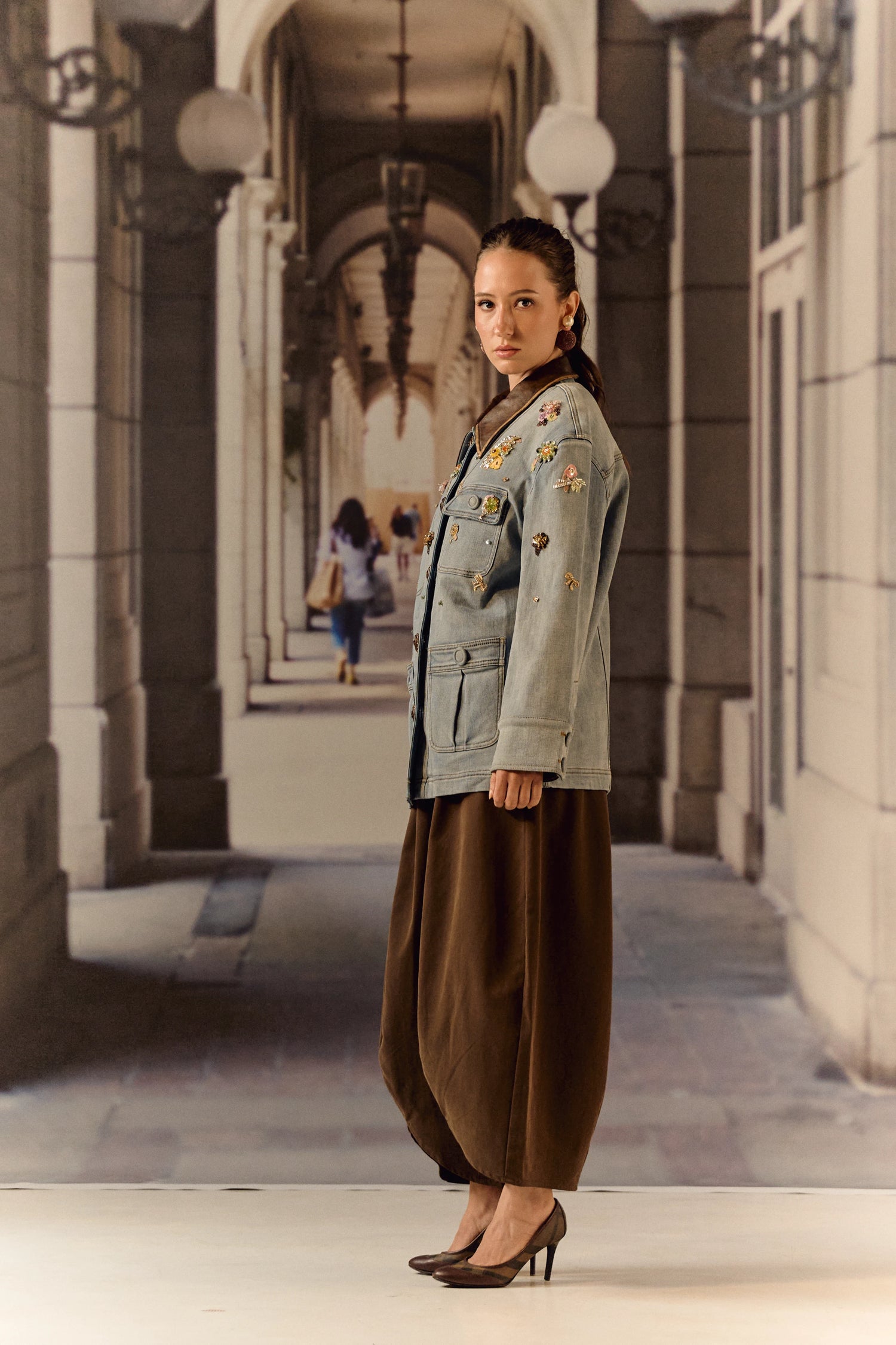 Detatchable puffer long denim leather jacket with bauble work