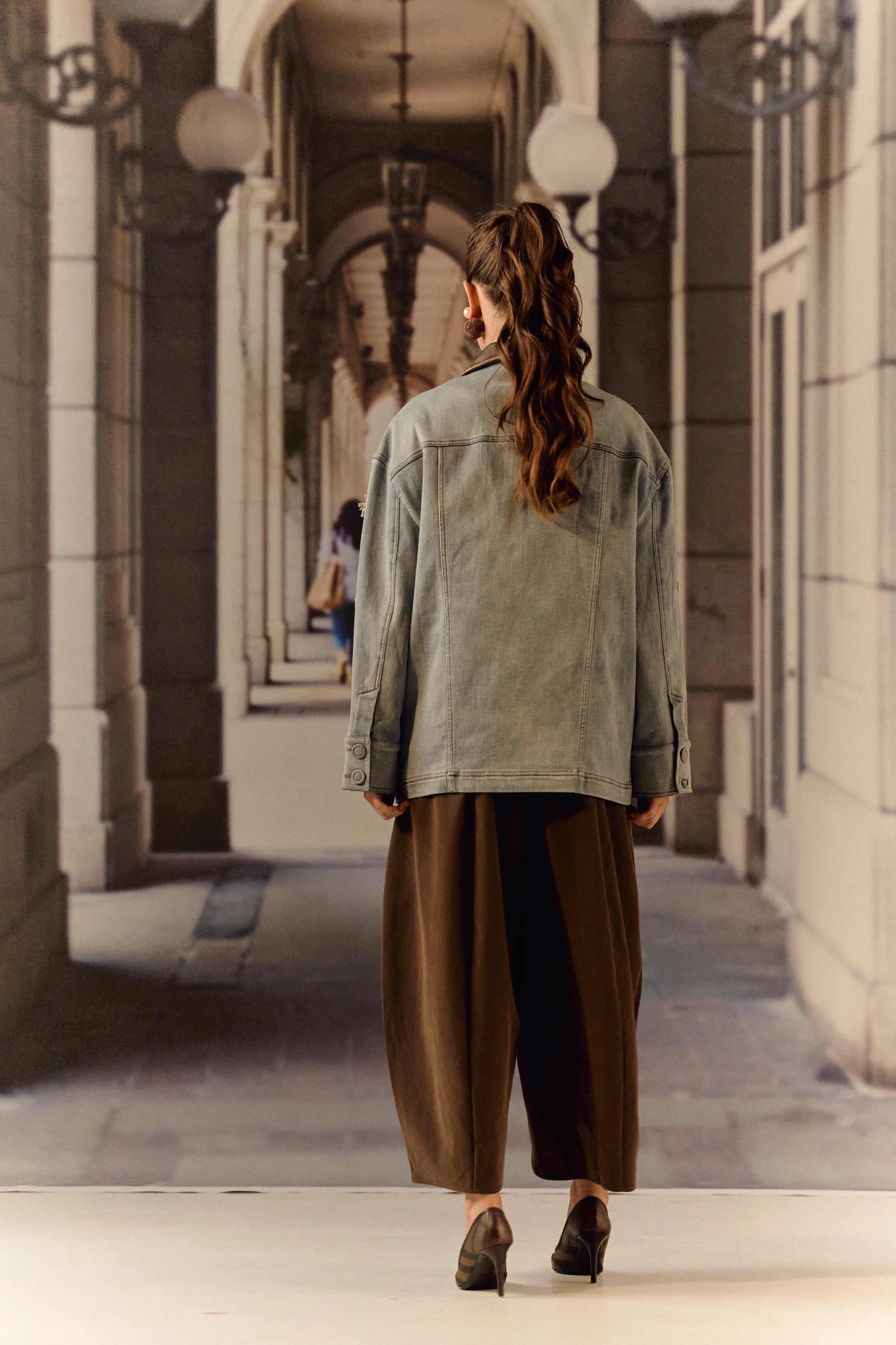 Detatchable puffer long denim leather jacket with bauble work