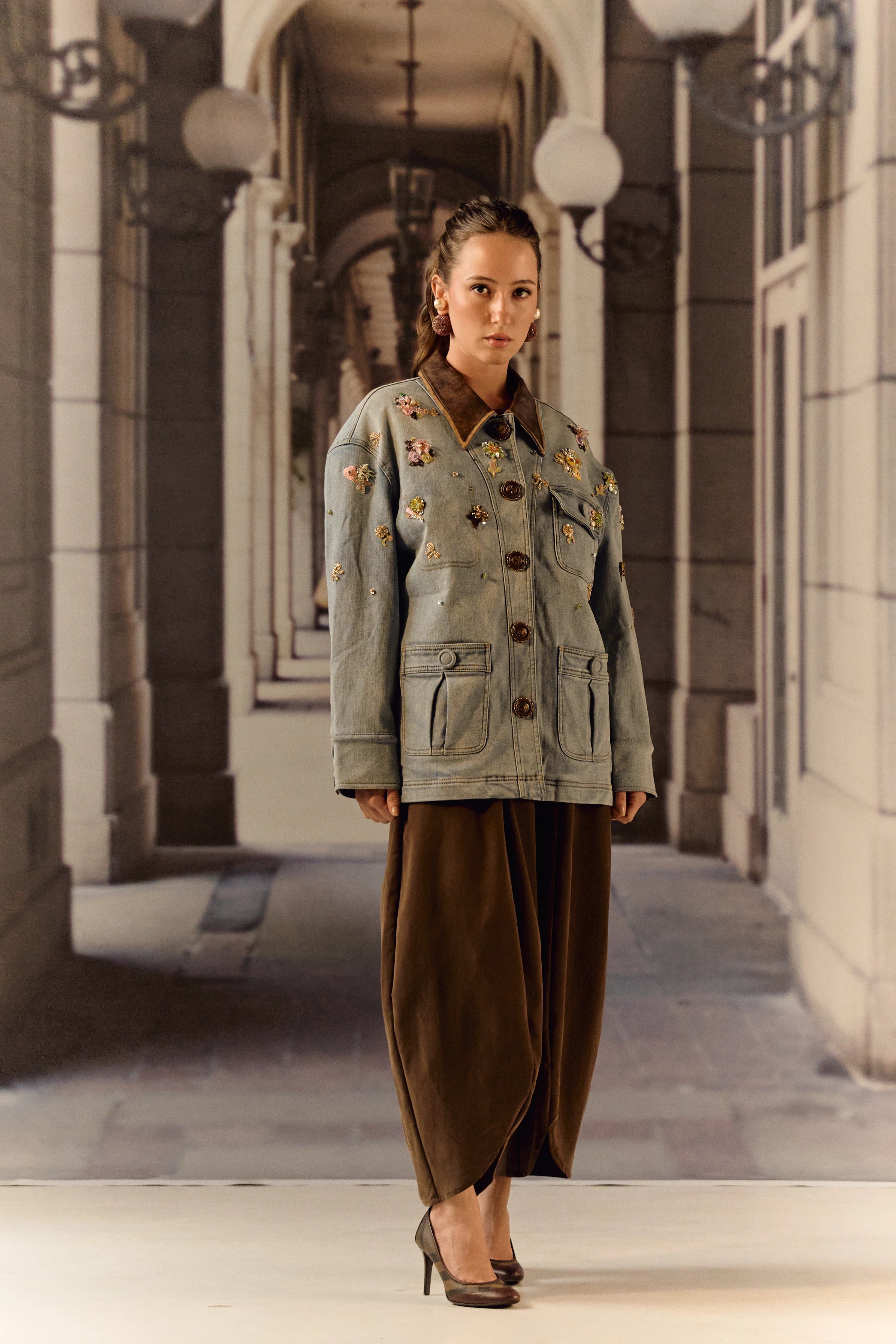 Detatchable puffer long denim leather jacket with bauble work