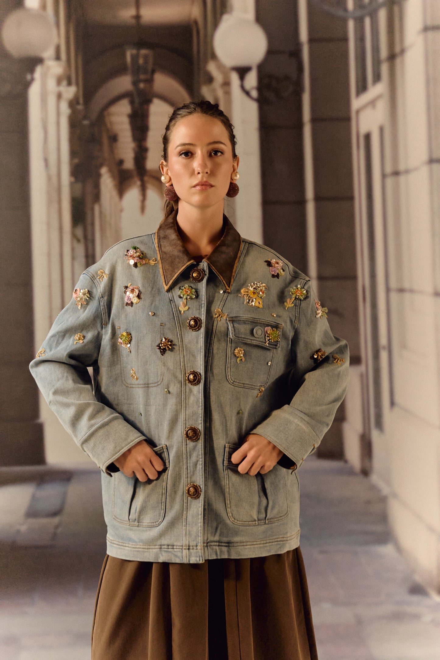 Detatchable puffer long denim leather jacket with bauble work