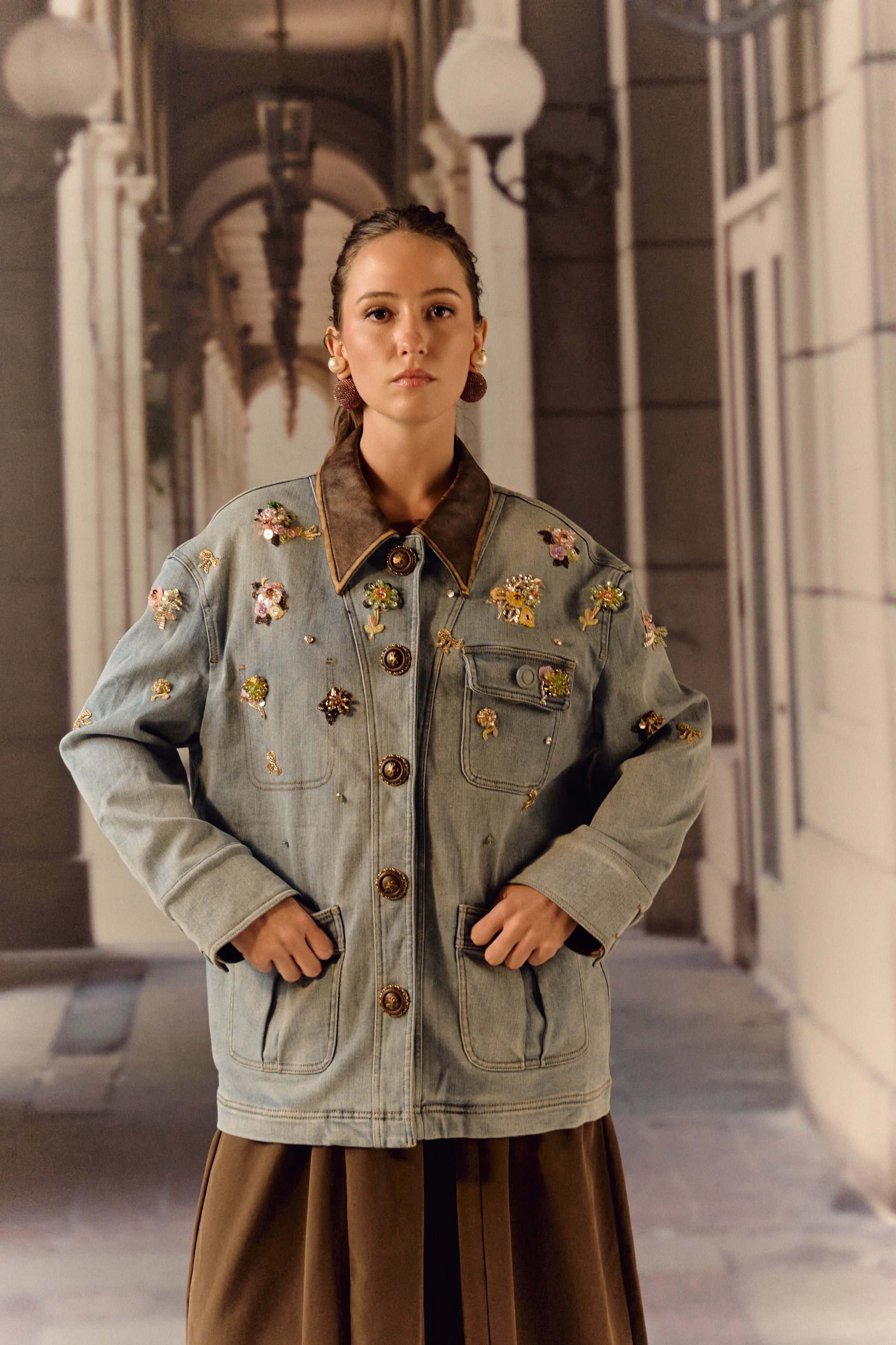 Detatchable puffer long denim leather jacket with bauble work