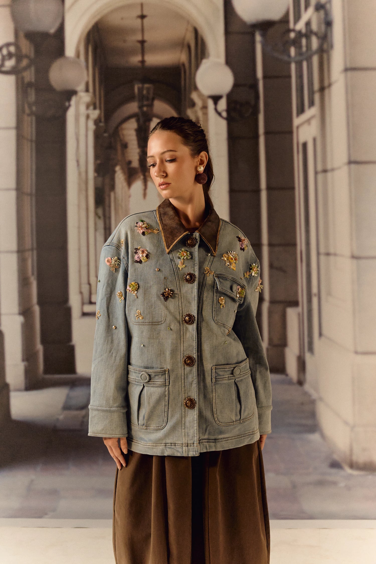 Detatchable puffer long denim leather jacket with bauble work