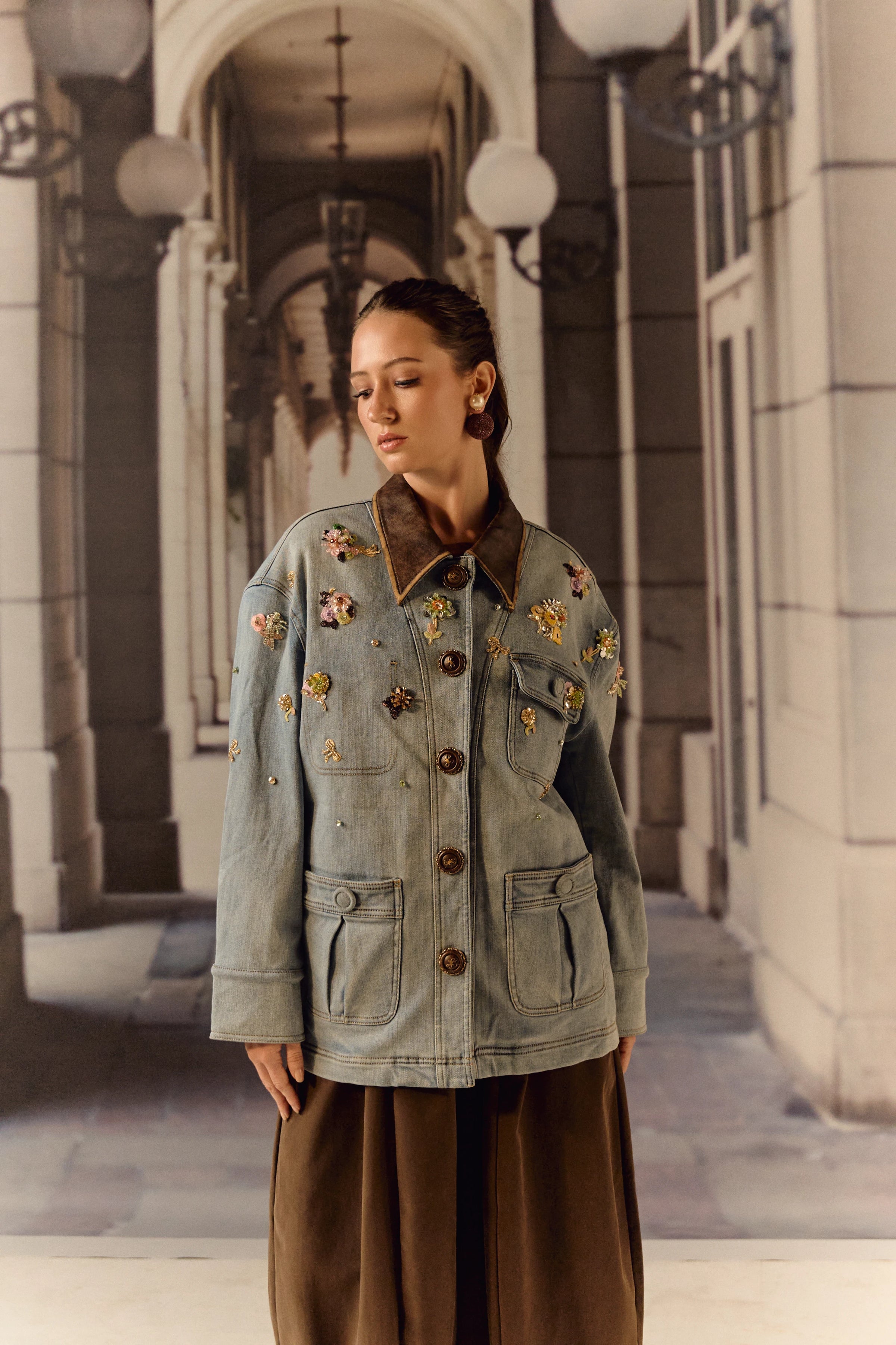 Detatchable puffer long denim leather jacket with bauble work