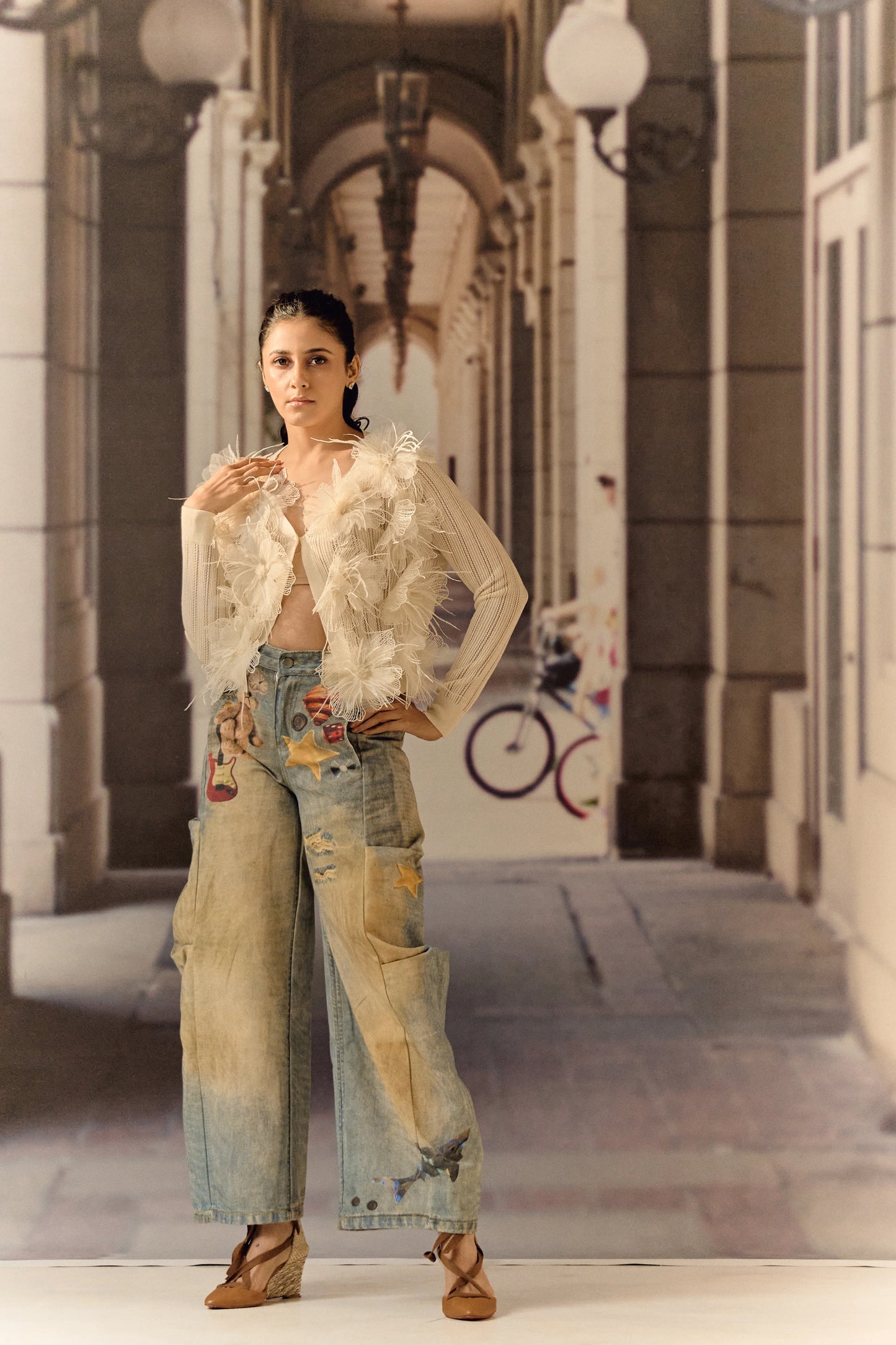 Summer Cardigan with 3D Flower appliqué & ostrich feather - Ivory