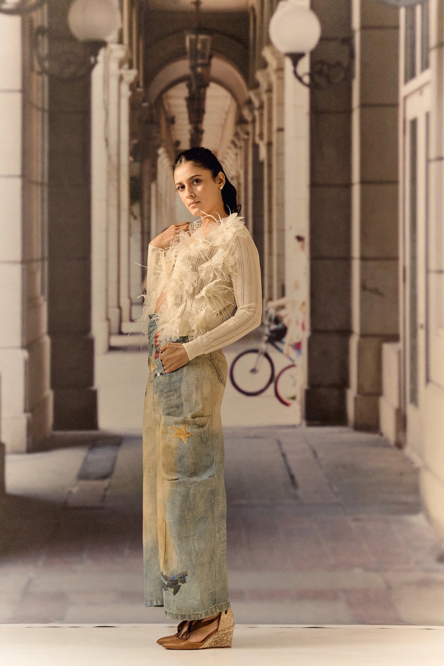 Summer Cardigan with 3D Flower appliqué & ostrich feather - Ivory