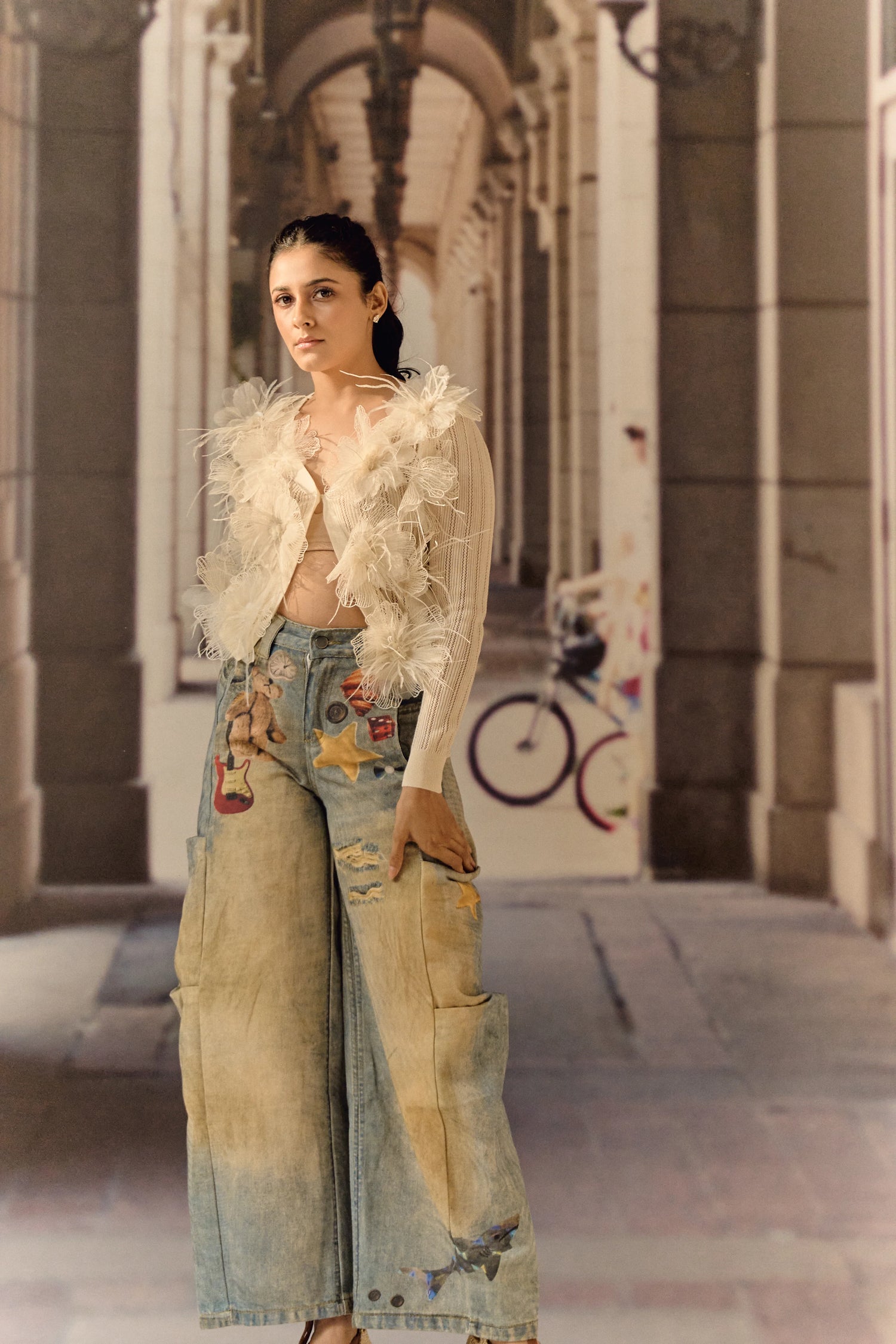 Summer Cardigan with 3D Flower appliqué & ostrich feather - Ivory