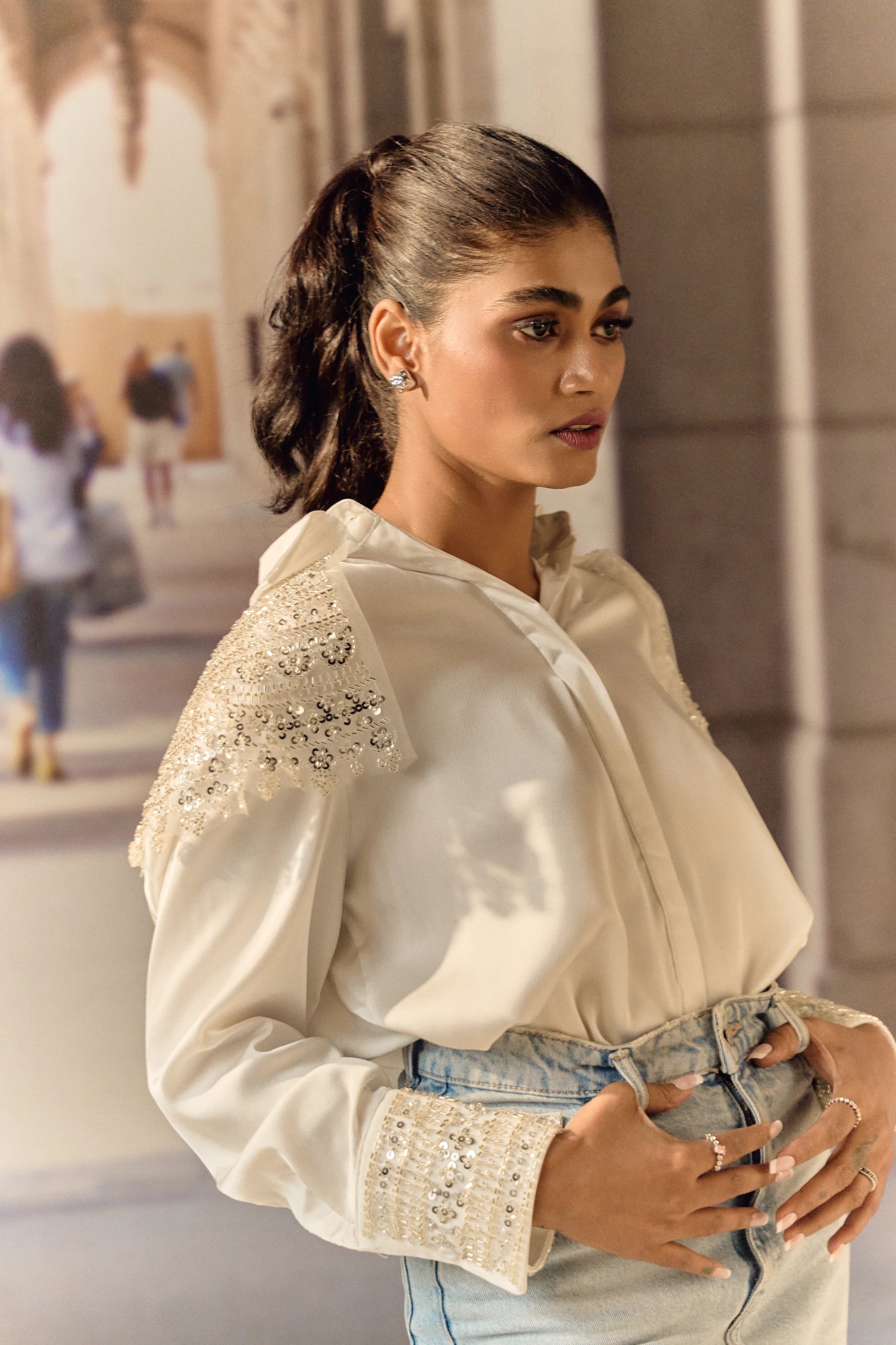 Formal evening shirt with bugle bead work - White
