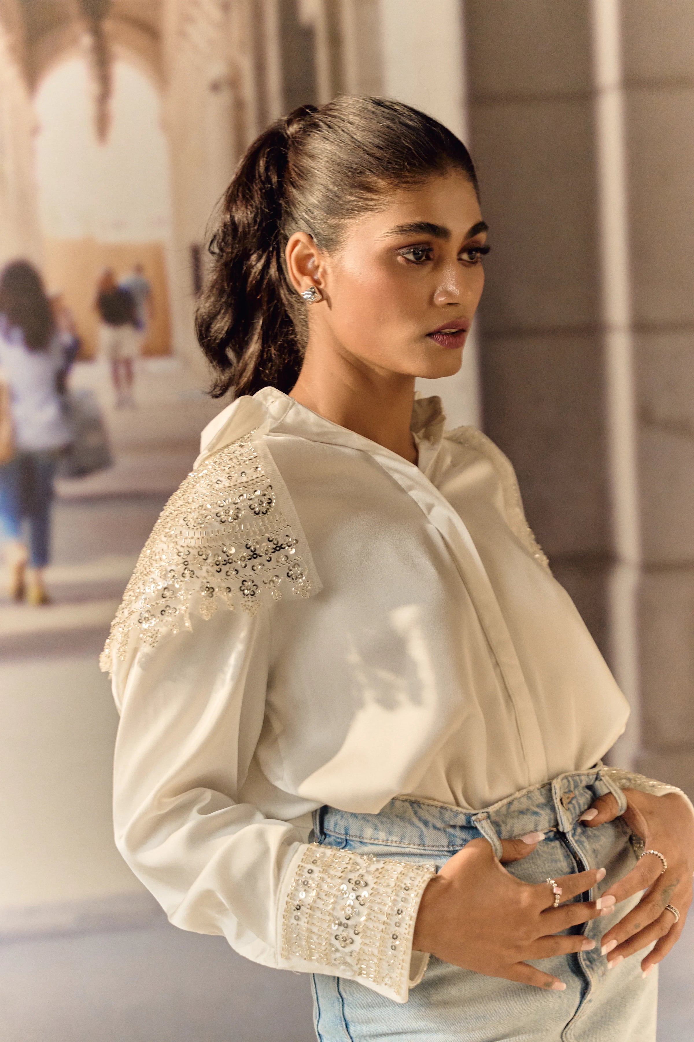 Formal evening shirt with bugle bead work - White