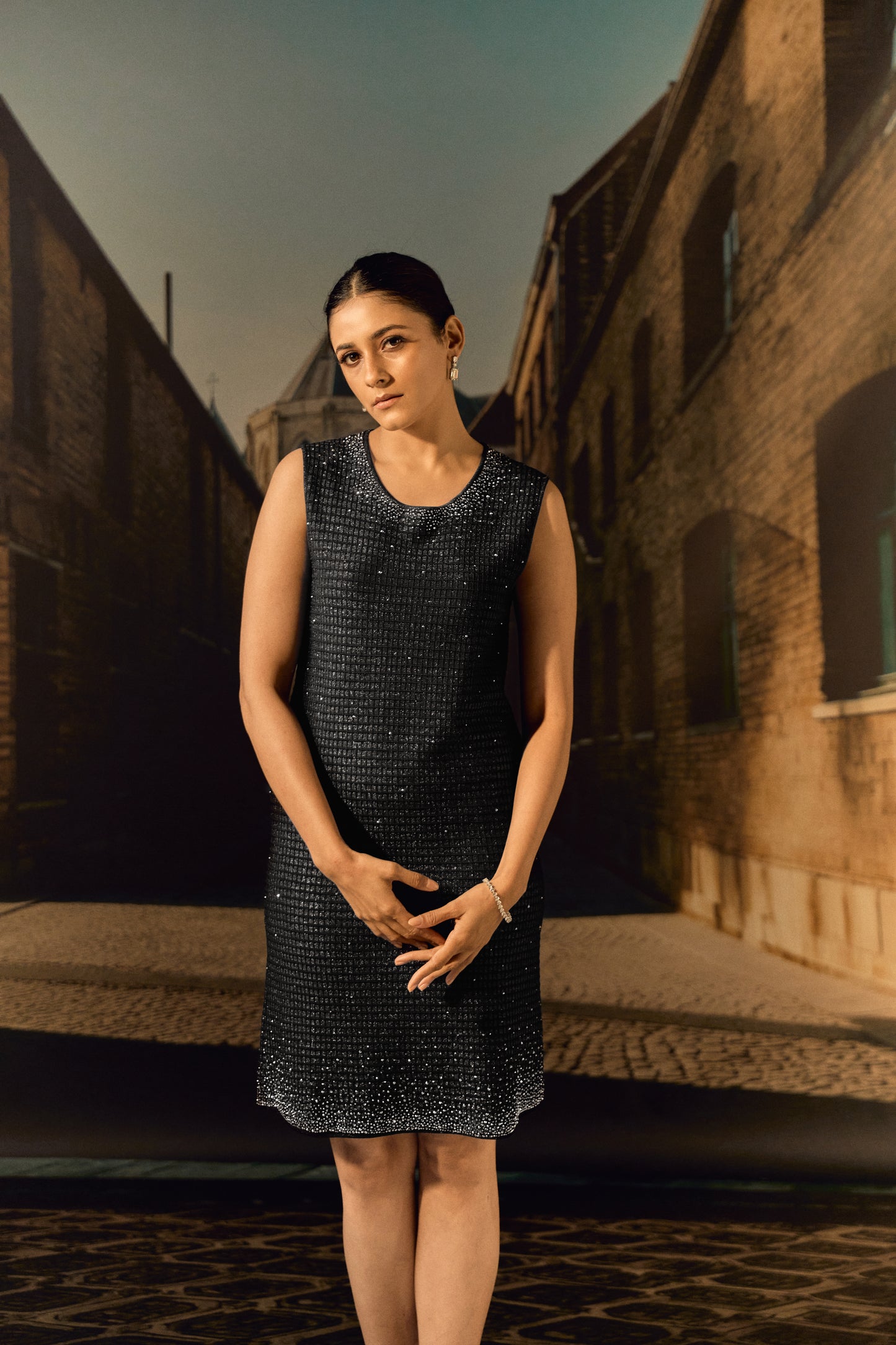 Waffle knit shift dress with Swarovski - Black