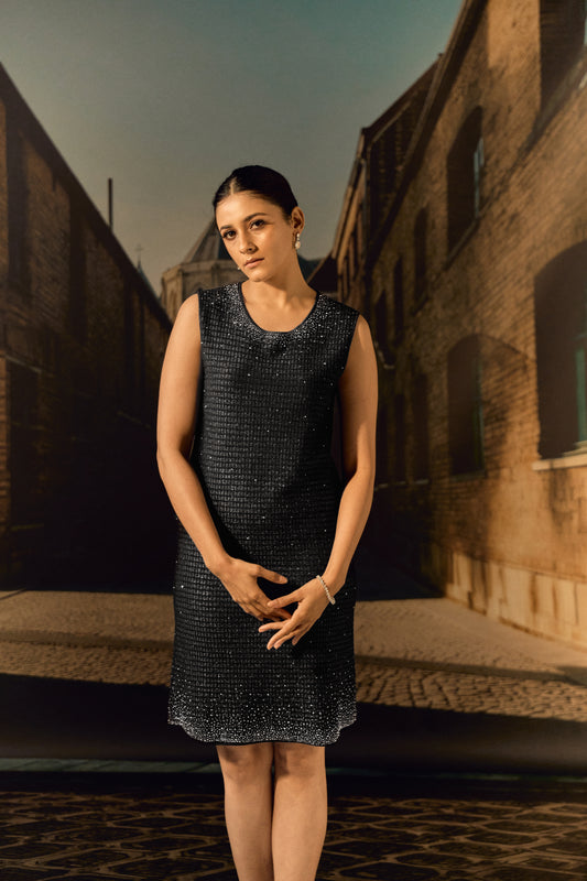 Waffle knit shift dress with Swarovski - Black