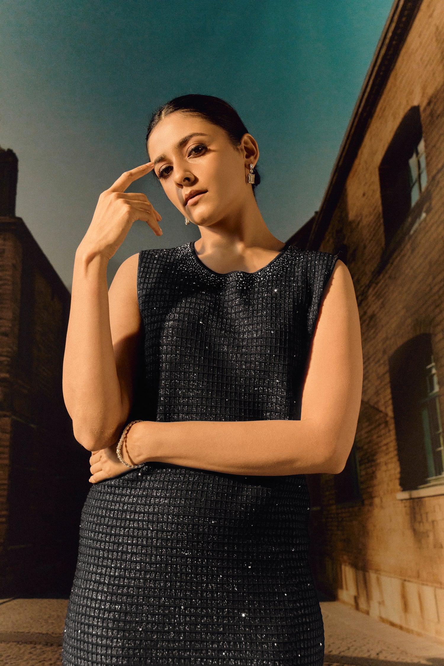Waffle knit shift dress with Swarovski - Black